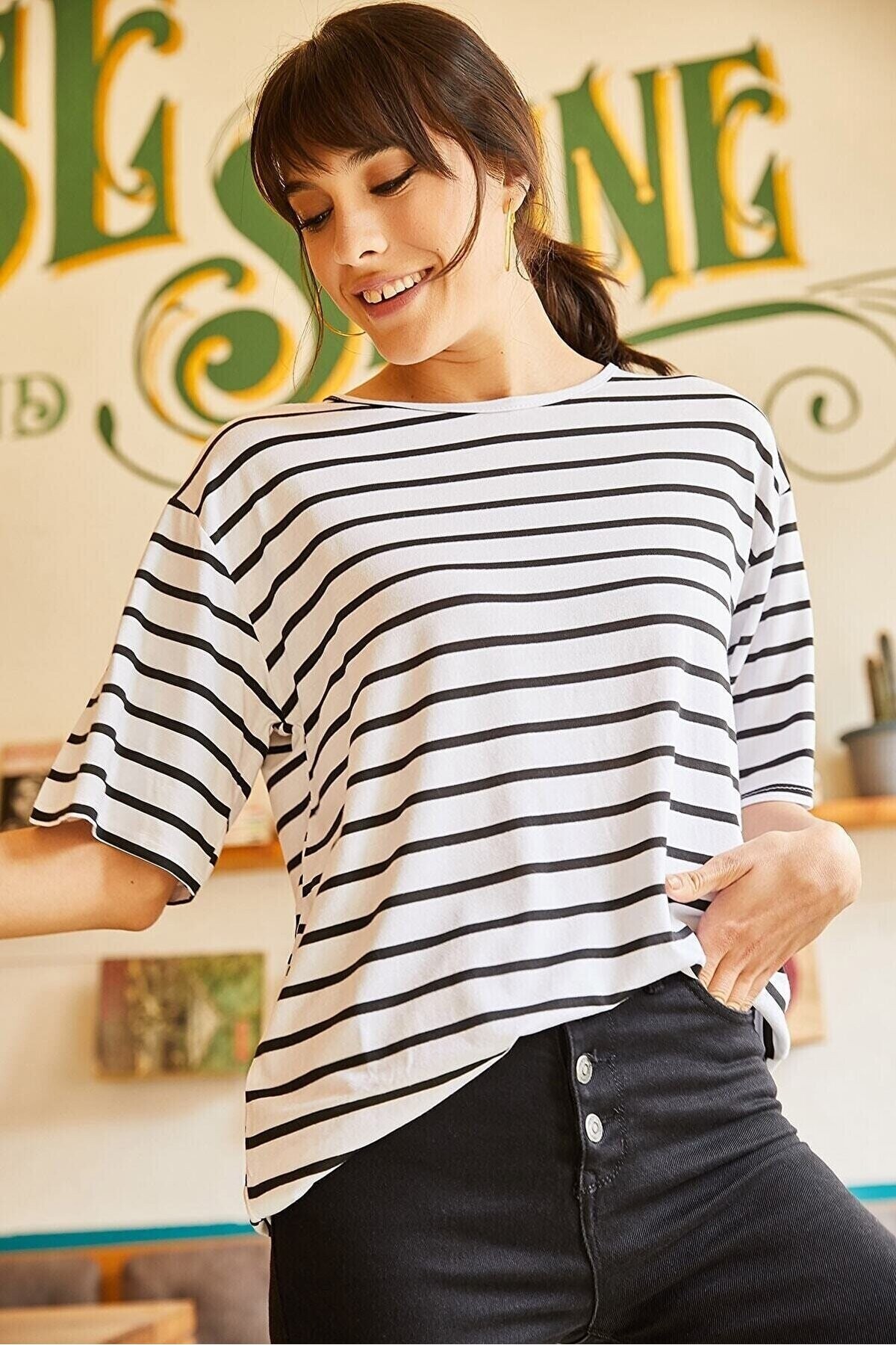 Çizgili Rahat Oversize T-shirt