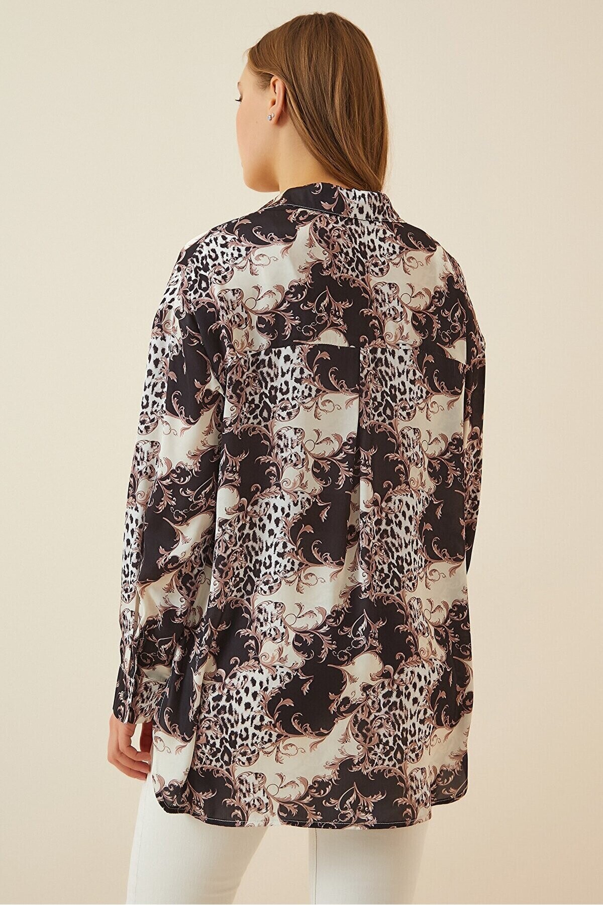 Desenli Saten Yüzeyli Oversize Gömlek