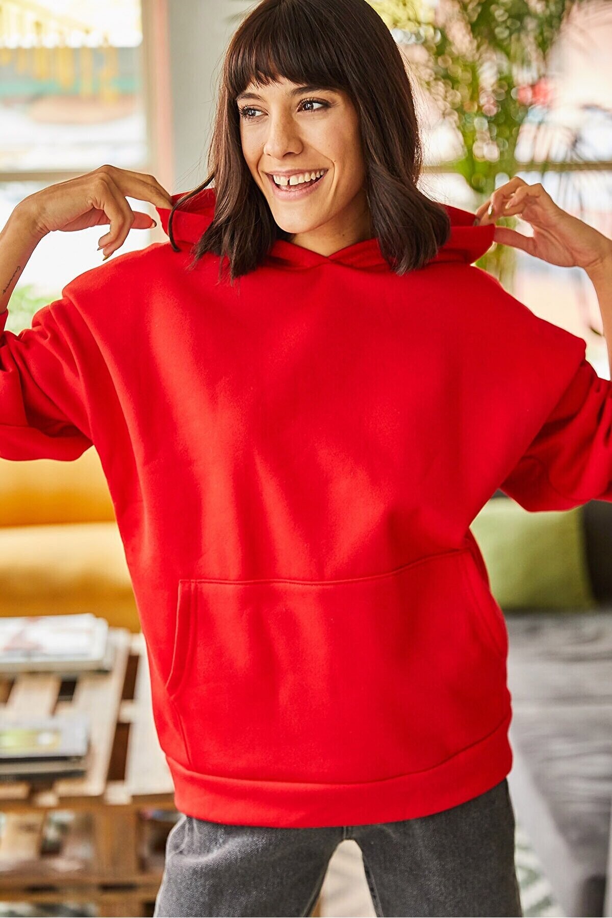 Kapüşonlu İçi Polarlı Kalın Oversize Sweatshirt