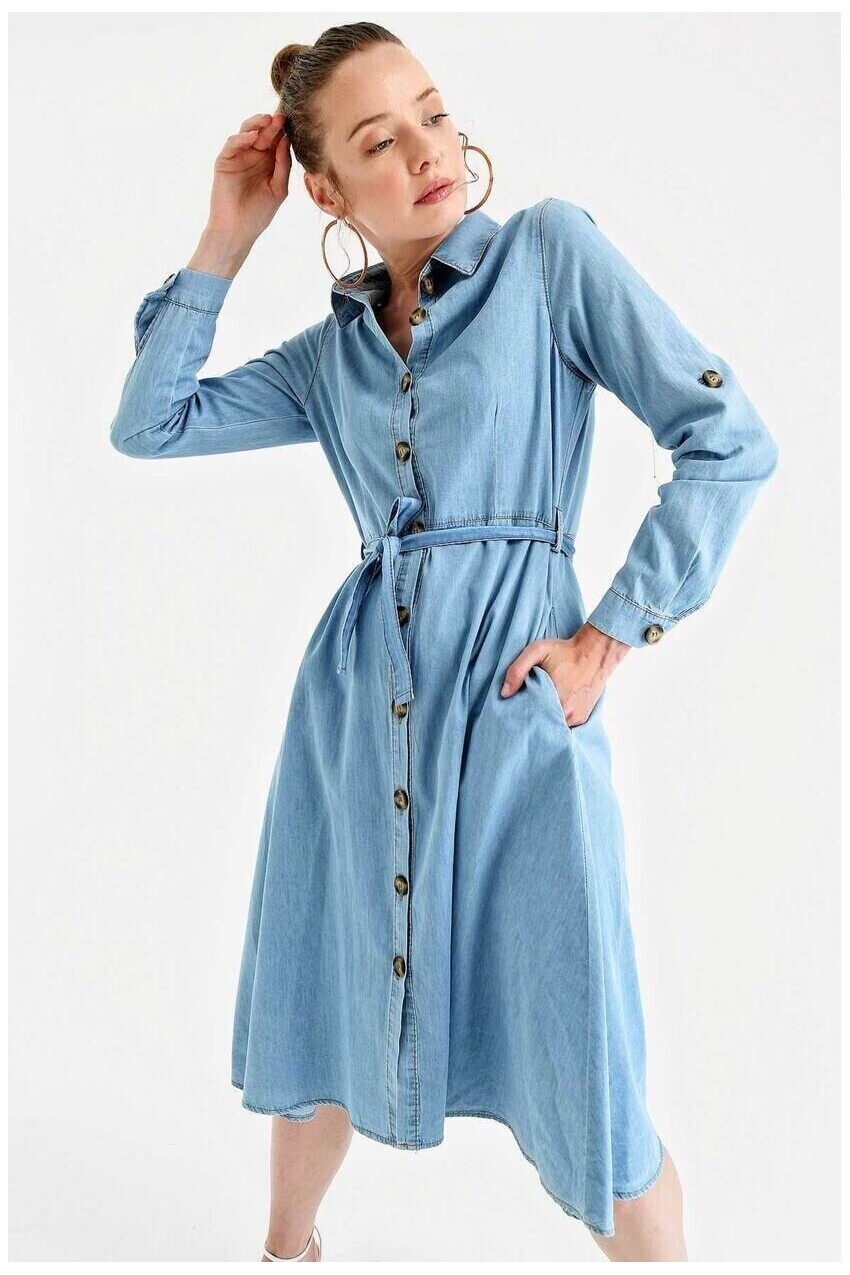 Kuşaklı Kemerli Jean Elbise