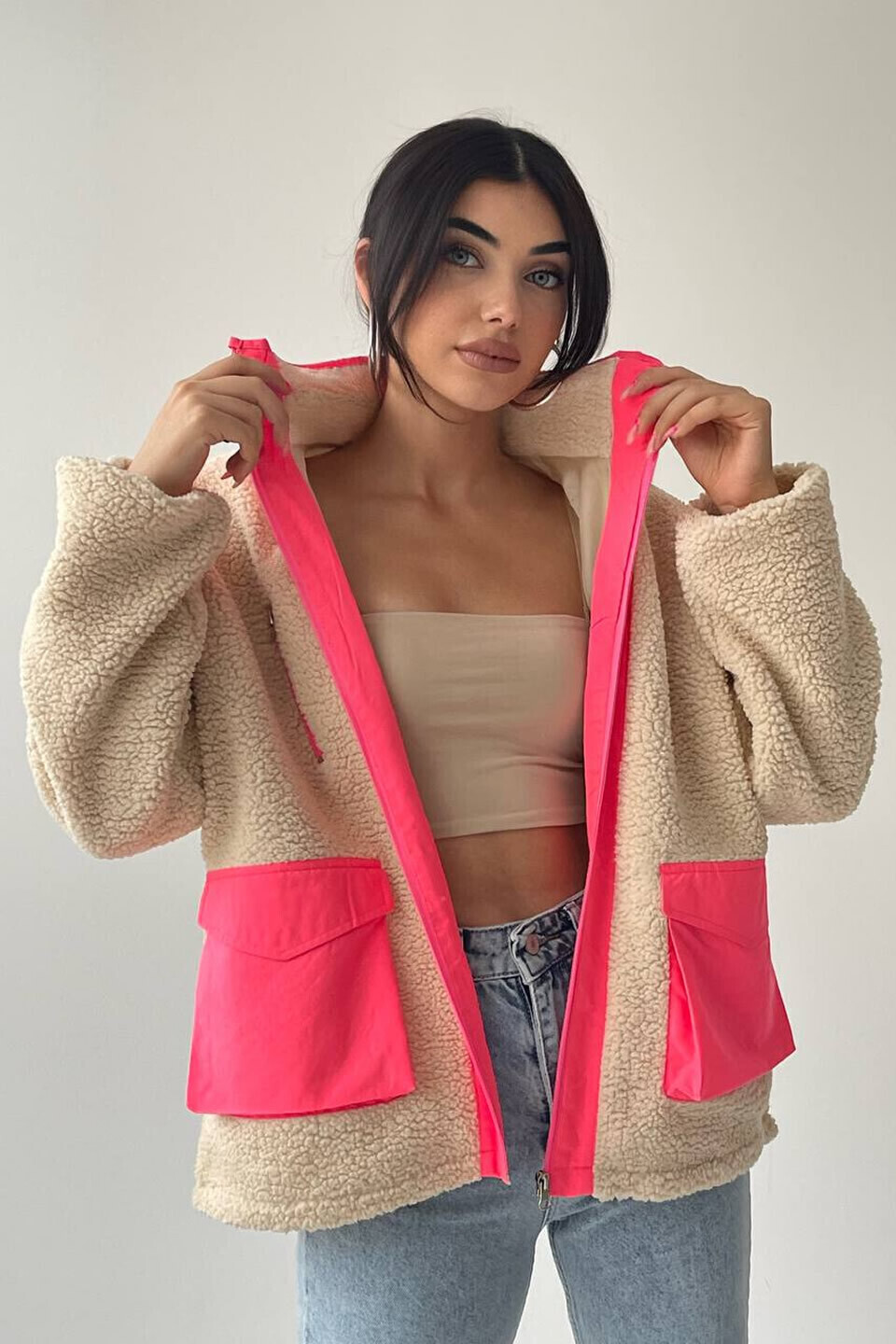 Neon Detaylı Peluş Ceket