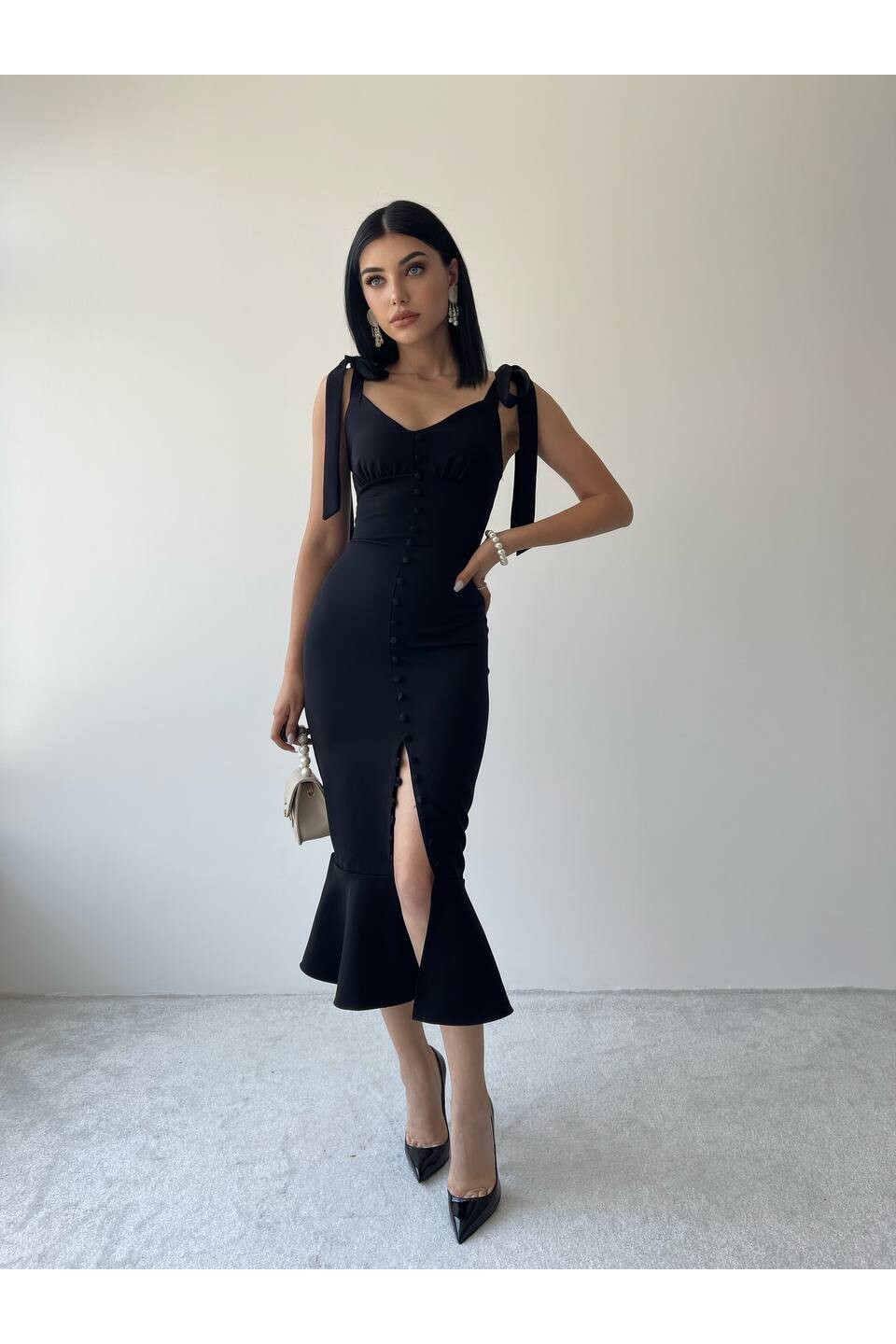 Önü Düğme Detaylı Balık Elbise