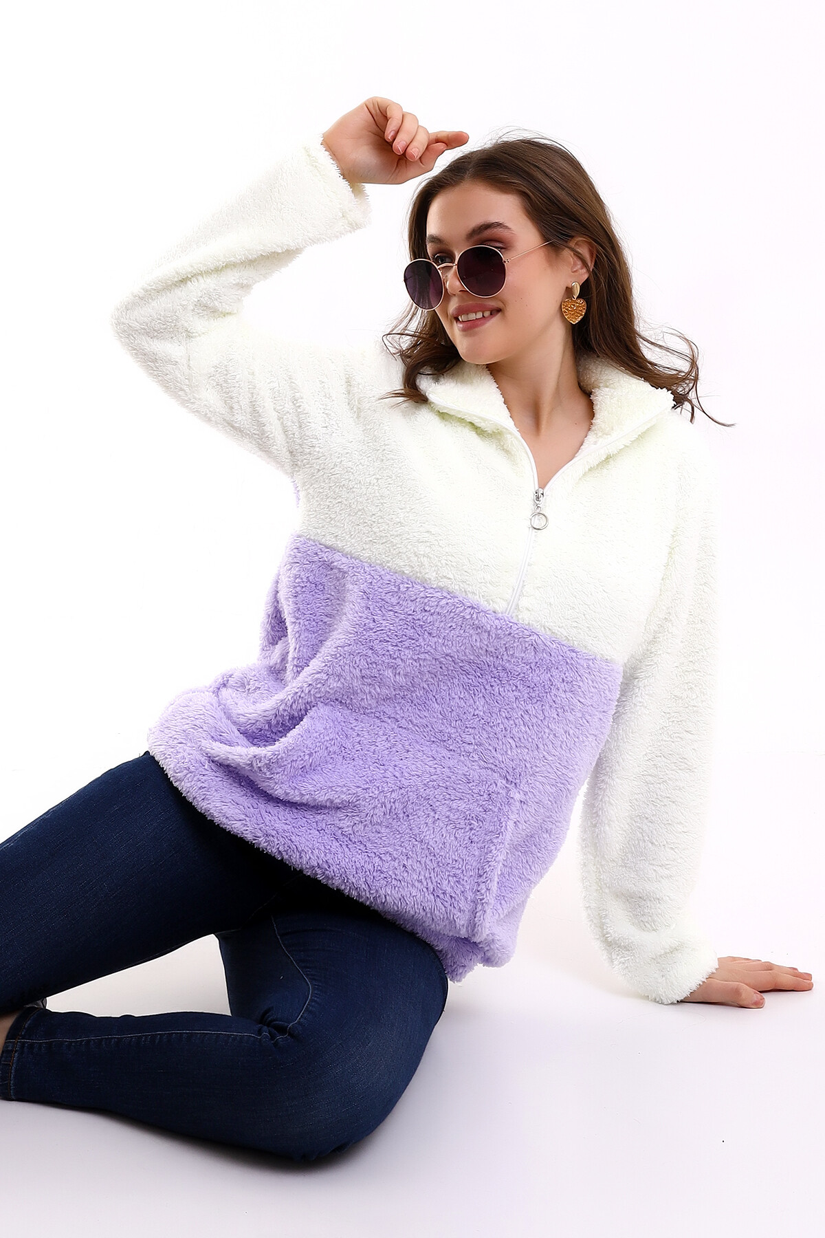 Bloklu Yarım Fermuar Polar Sweatshirt