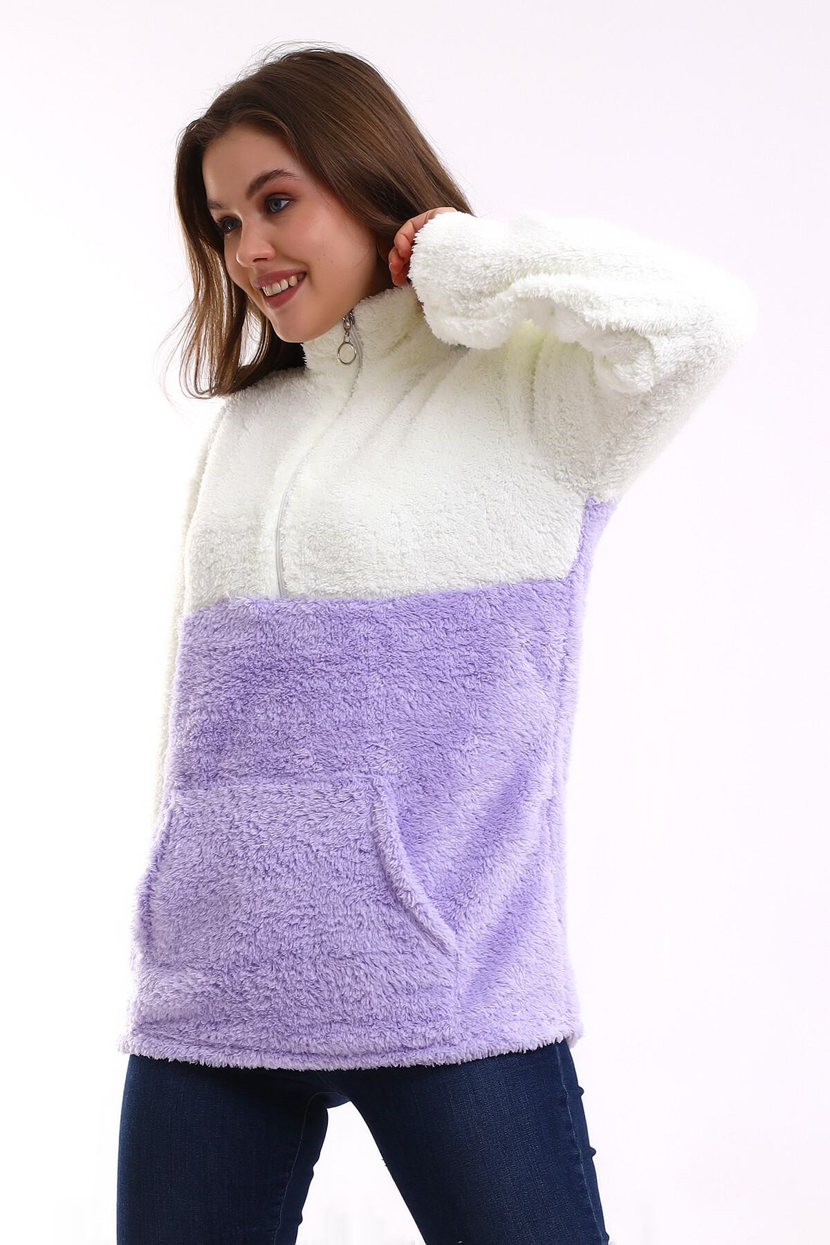 Bloklu Yarım Fermuar Polar Sweatshirt