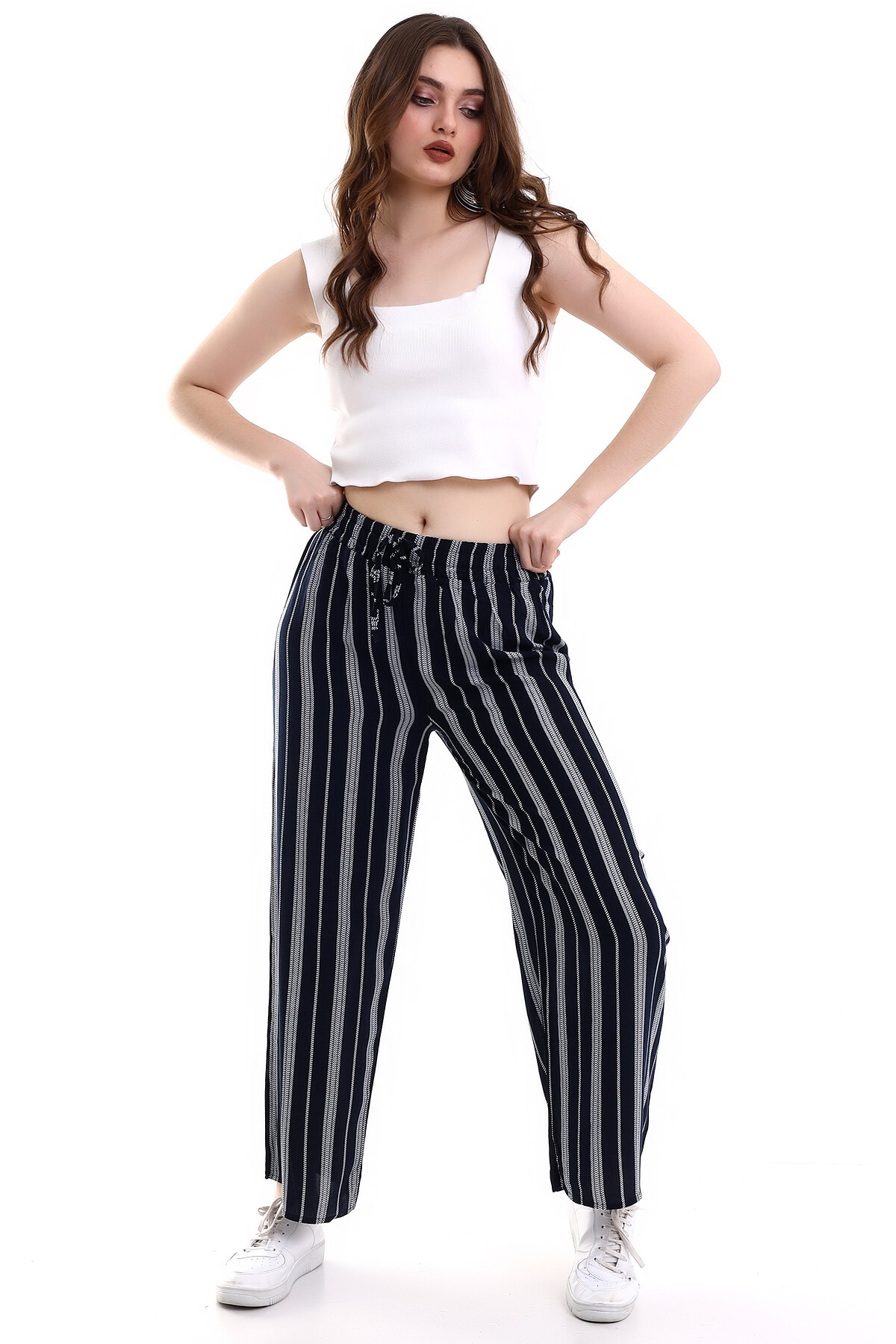 Çizgili Bol Paça Ayrobin Pantalon