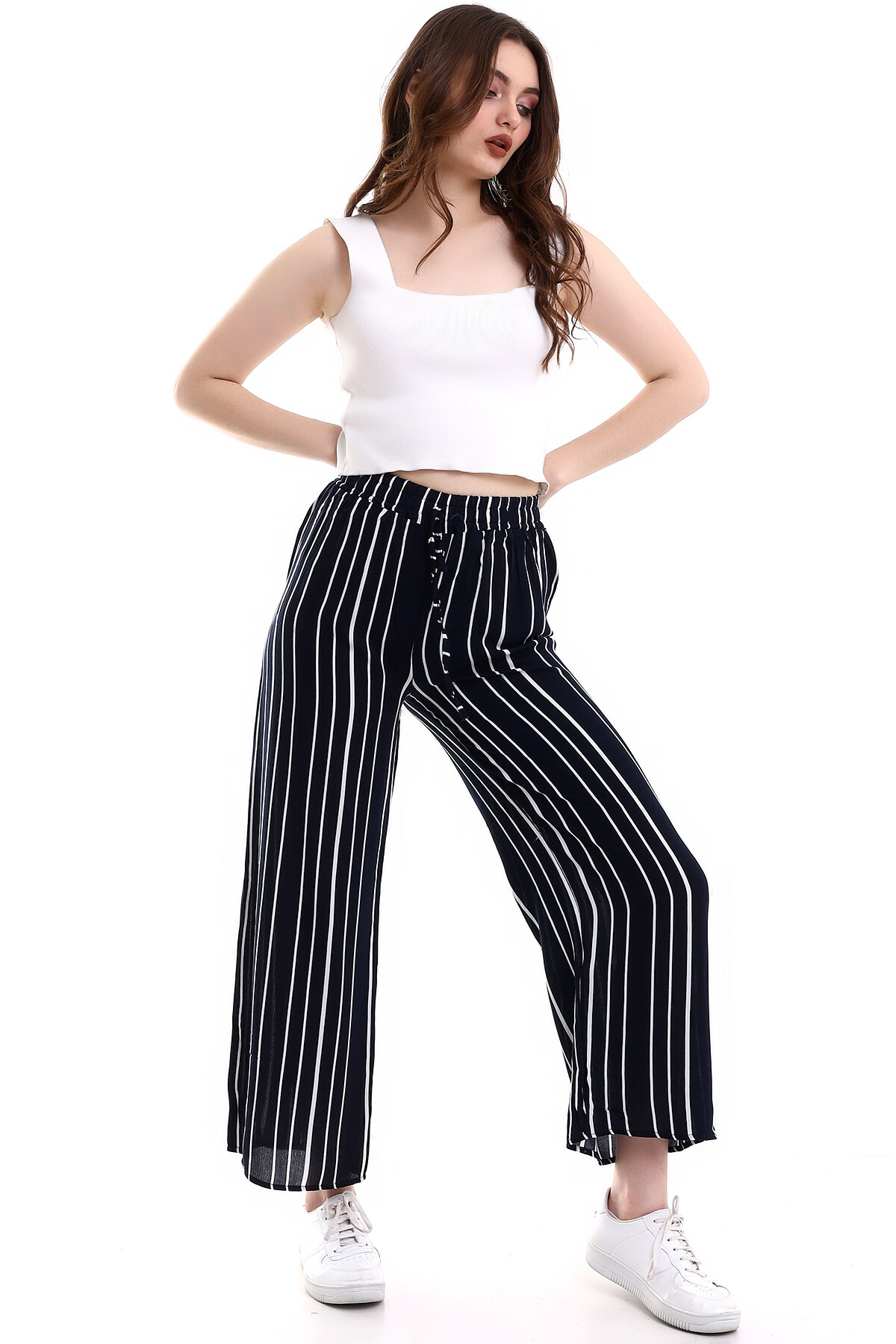 Çizgili Bol Paça Ayrobin Pantalon