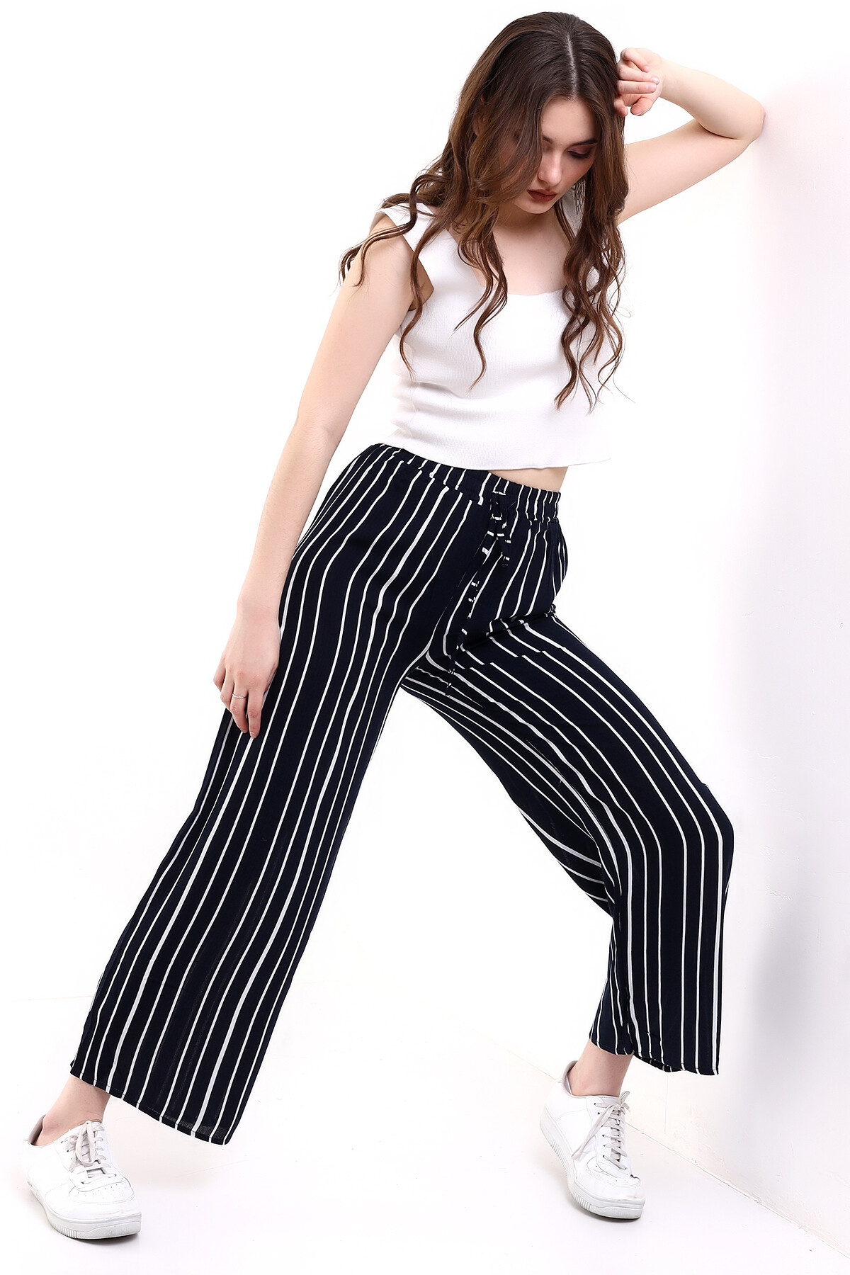 Çizgili Bol Paça Ayrobin Pantalon