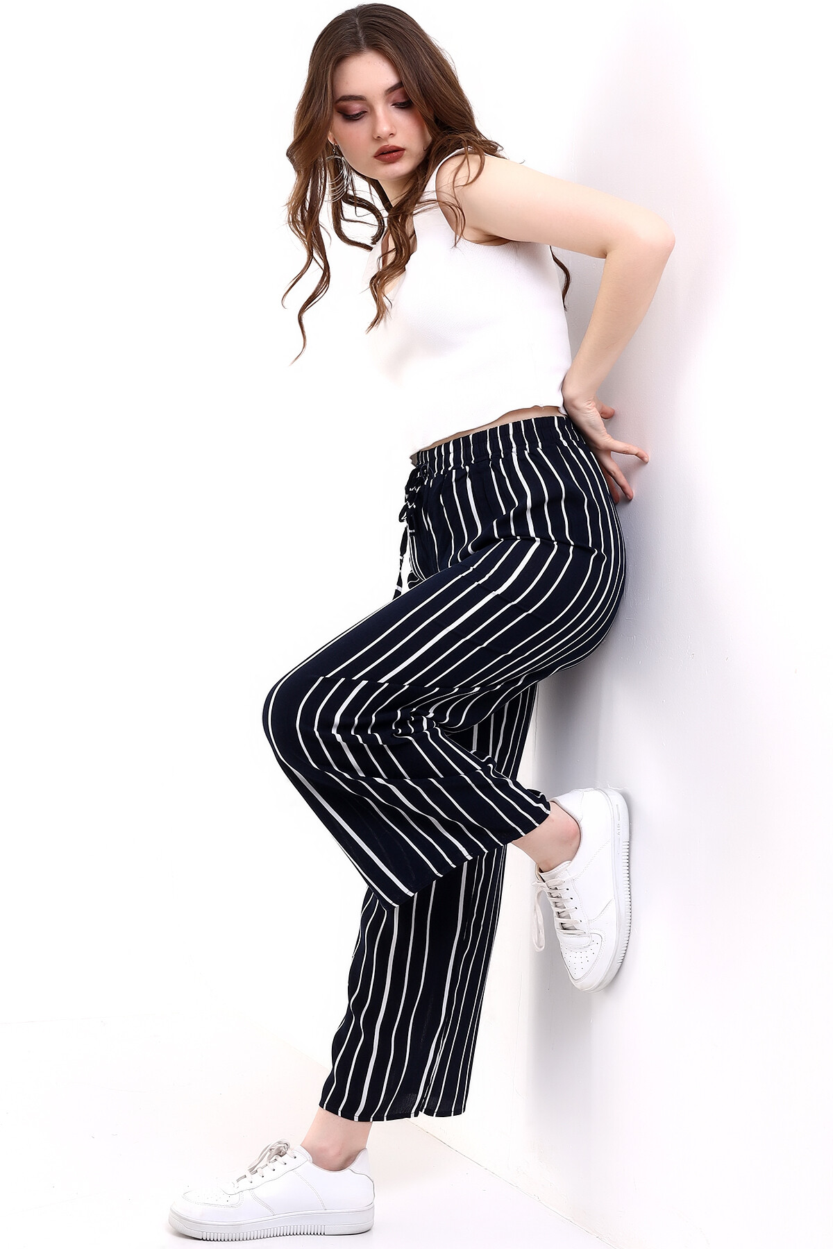 Çizgili Bol Paça Ayrobin Pantalon