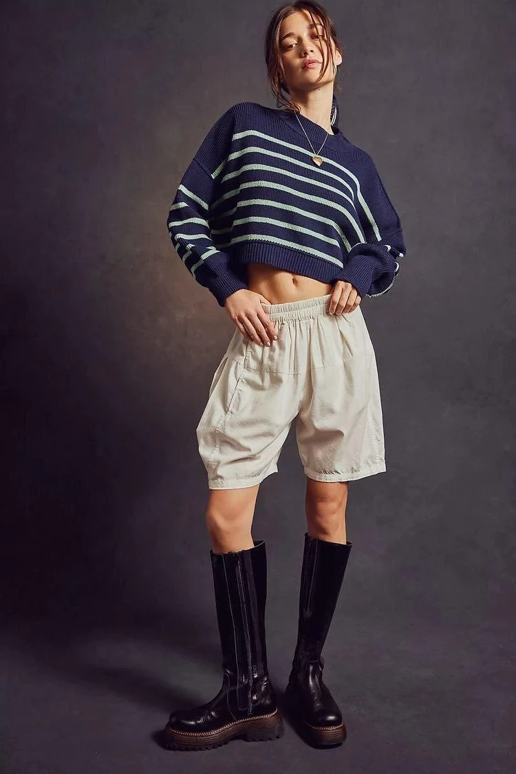Çizgili Crop Triko Kazak