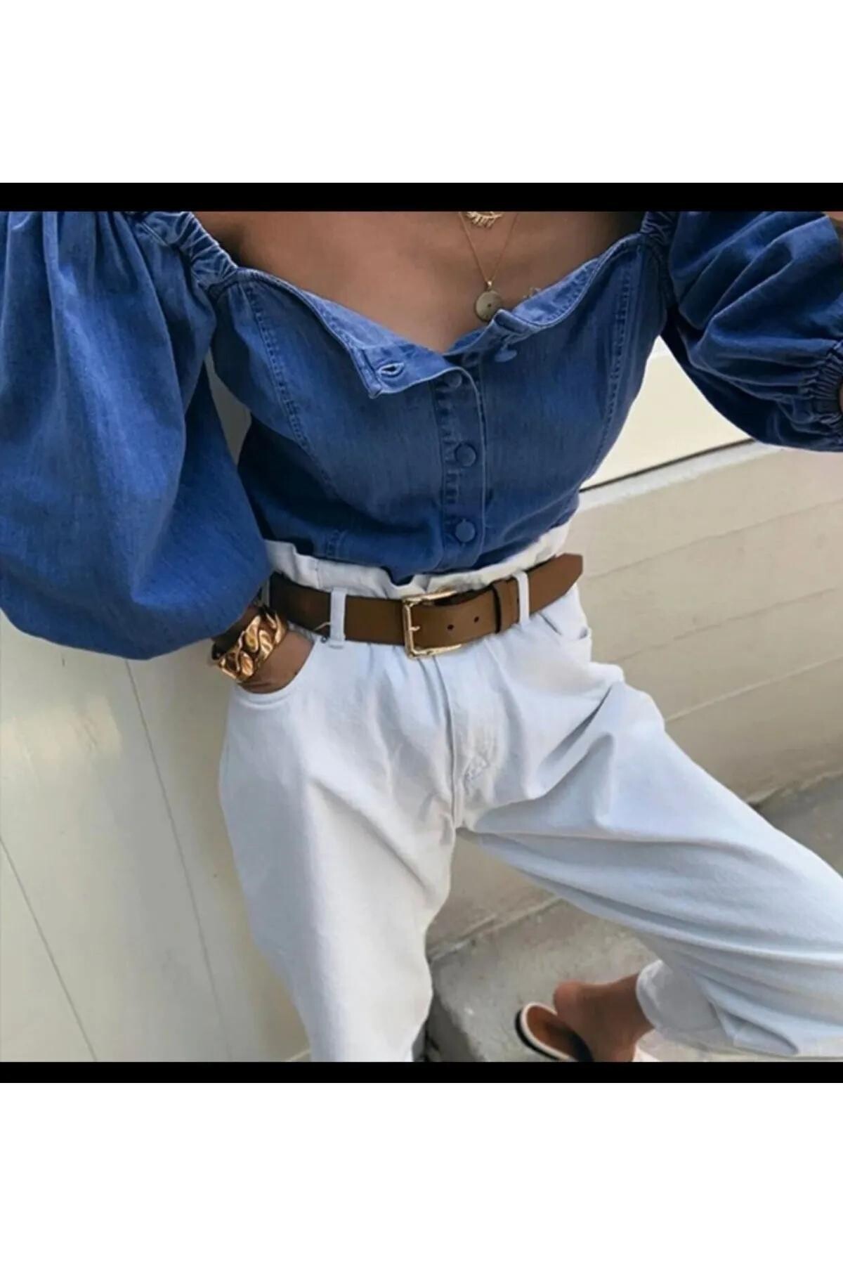 Denim Bluz Düğme Detaylı