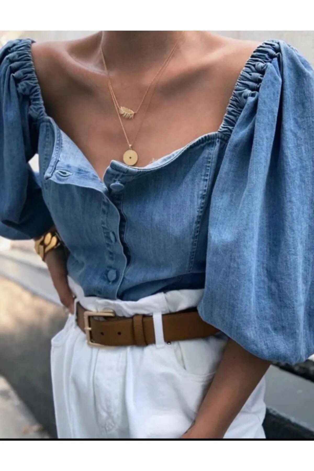 Denim Bluz Düğme Detaylı