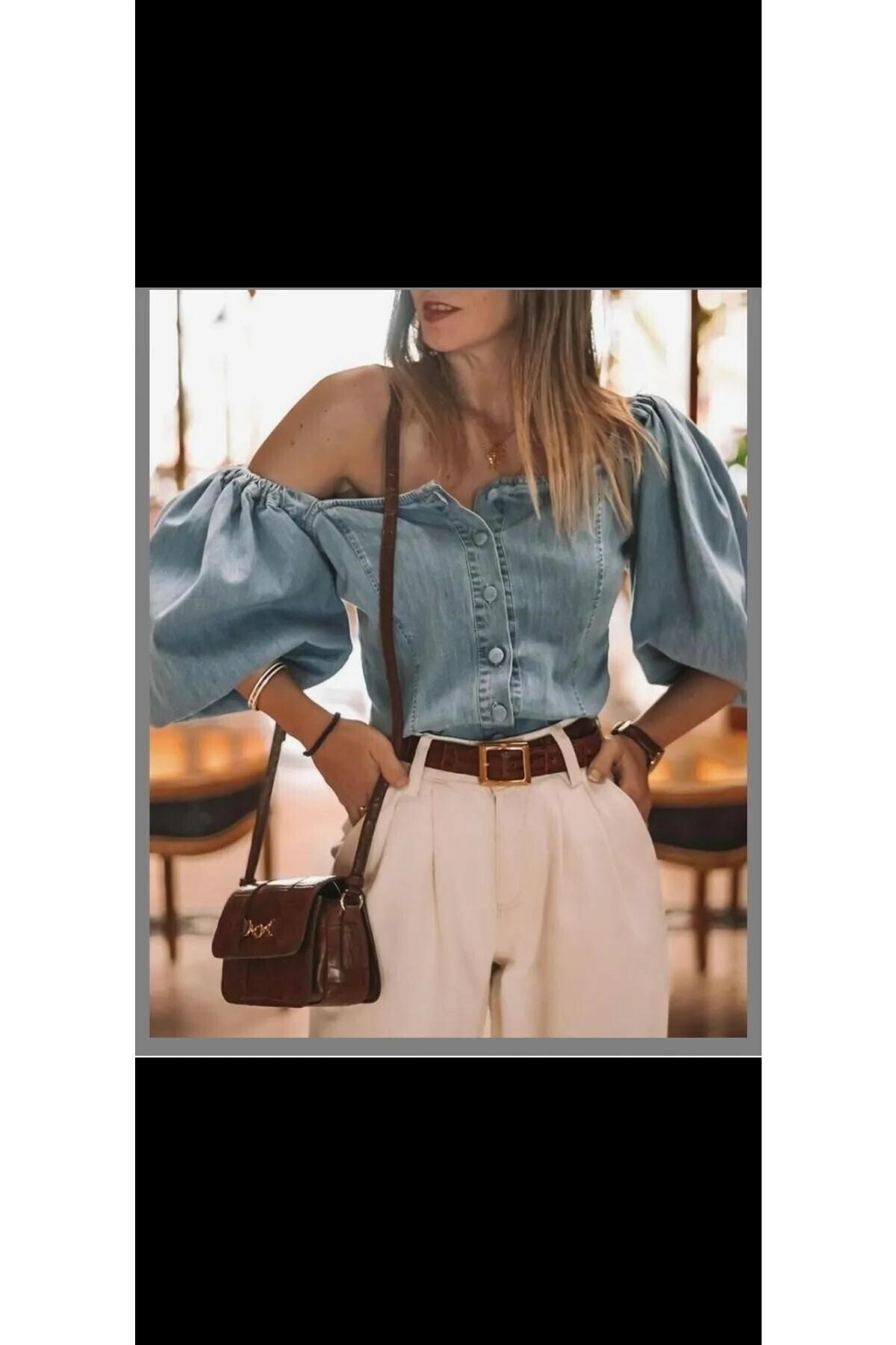 Denim Bluz Düğme Detaylı