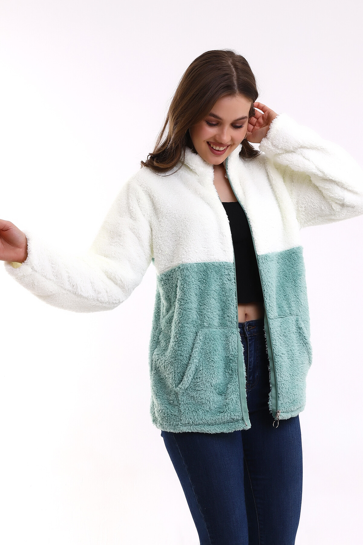 Fermuarlı Bloklu Polar Sweatshirt