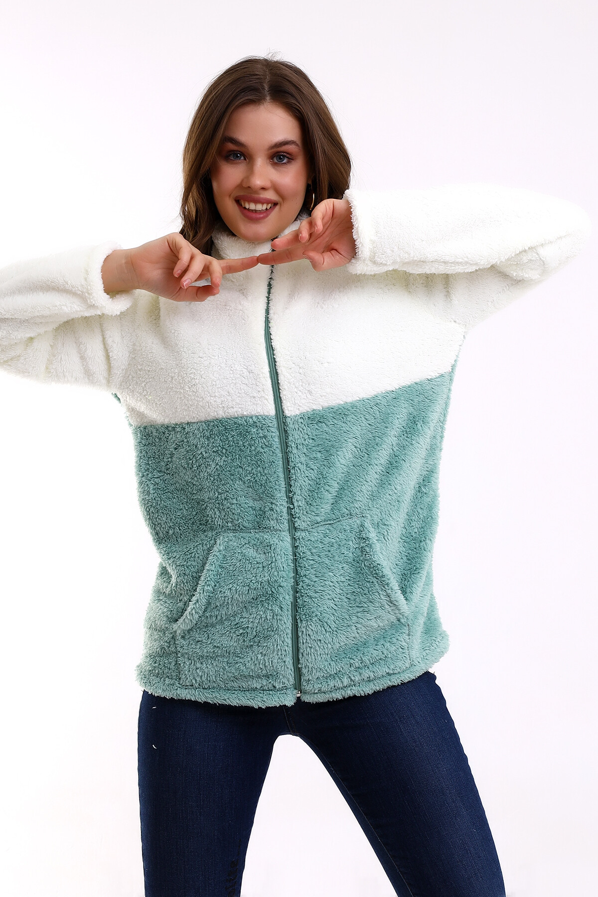 Fermuarlı Bloklu Polar Sweatshirt