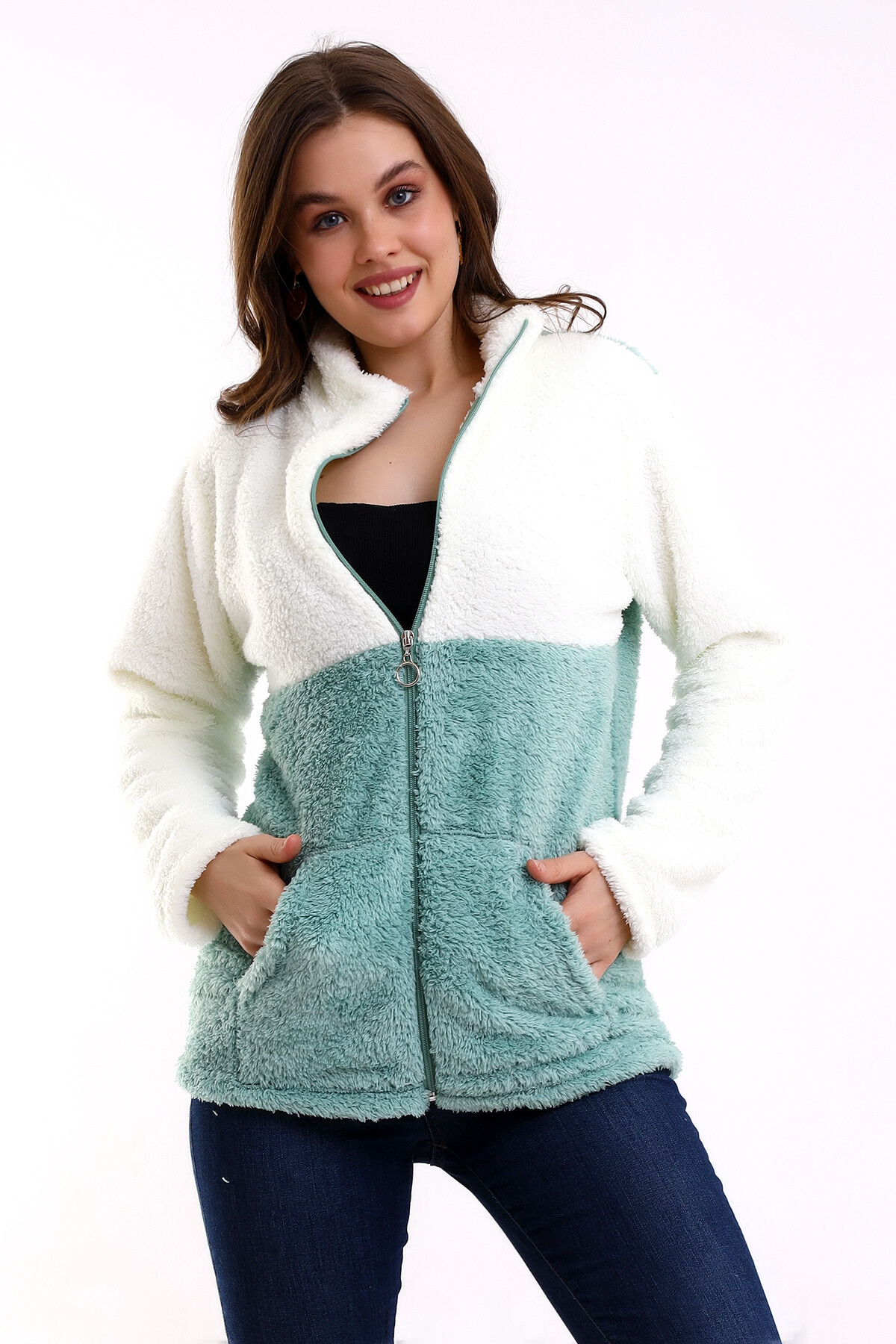 Fermuarlı Bloklu Polar Sweatshirt