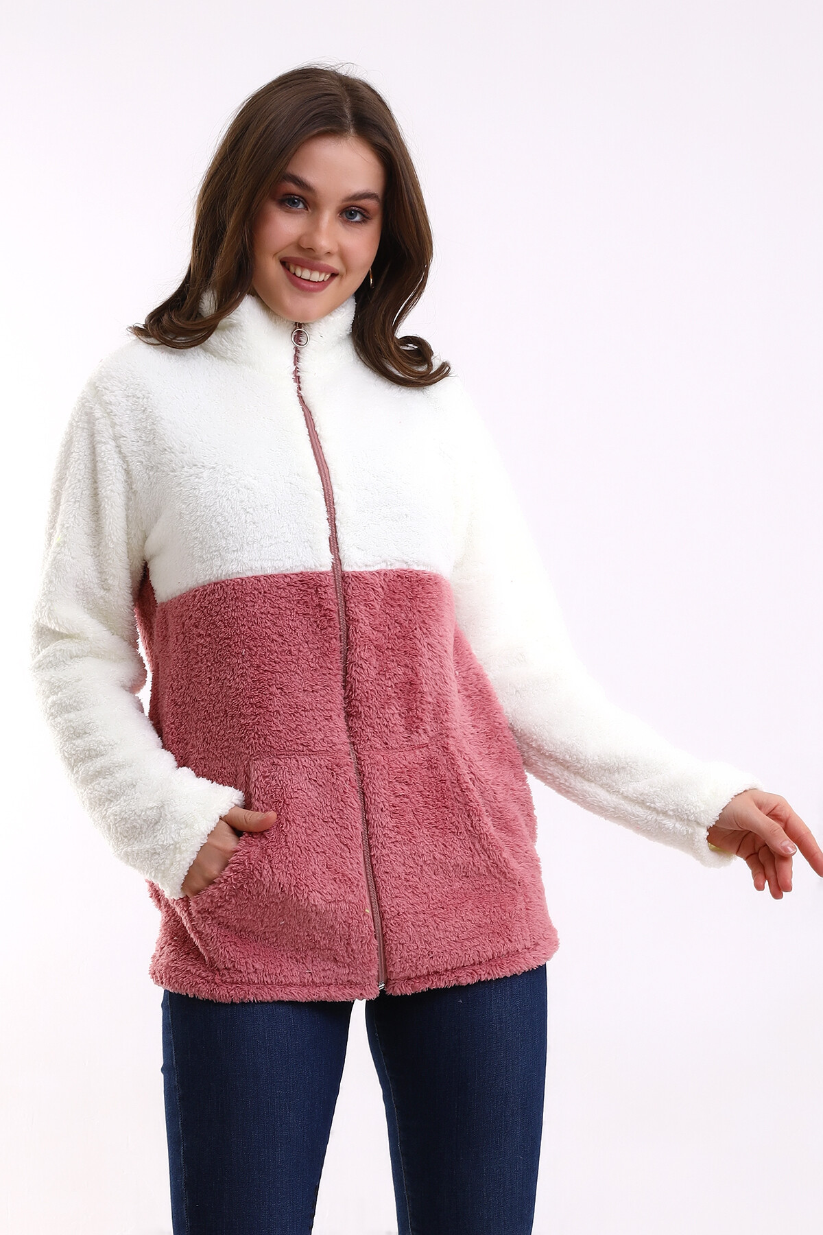 Fermuarlı Bloklu Polar Sweatshirt