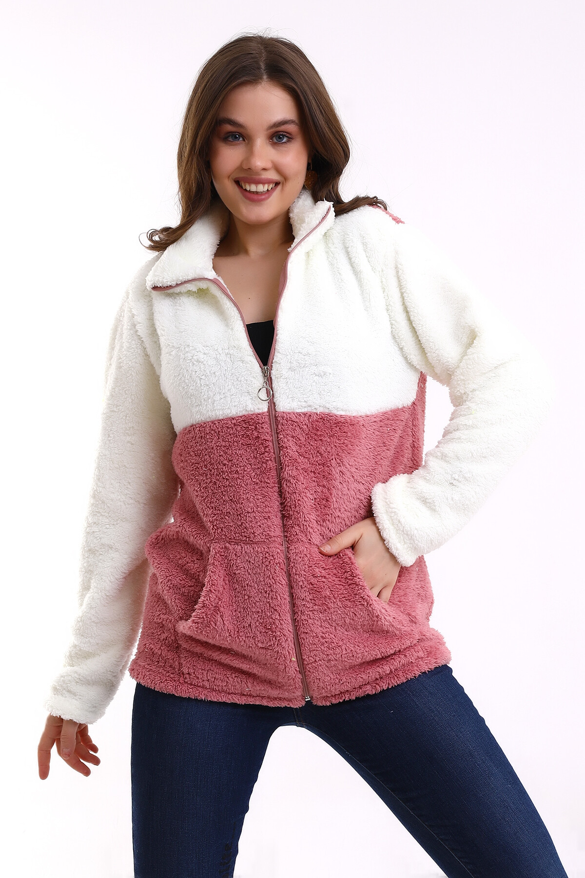 Fermuarlı Bloklu Polar Sweatshirt