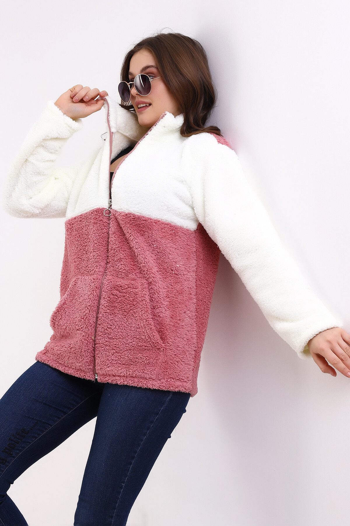 Fermuarlı Bloklu Polar Sweatshirt