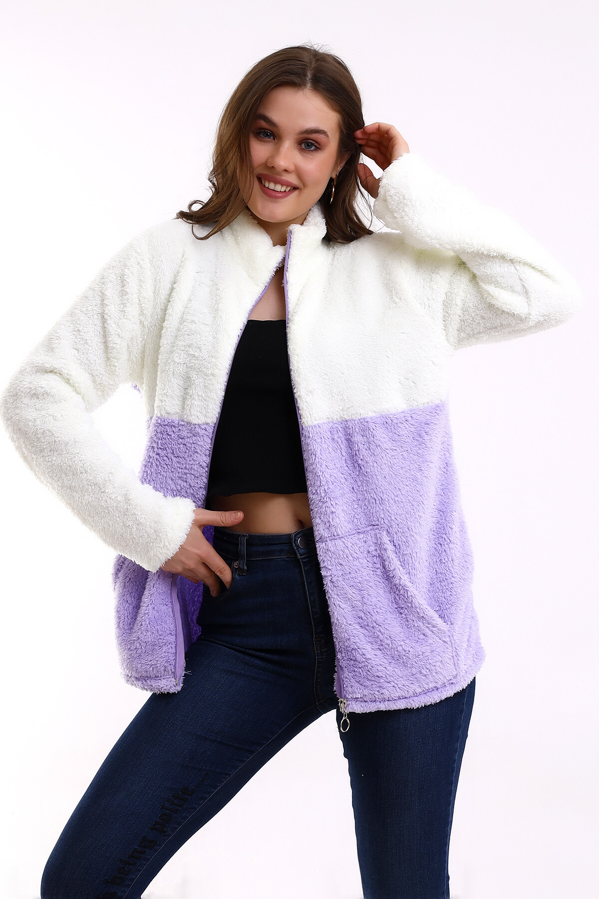 Fermuarlı Bloklu Polar Sweatshirt