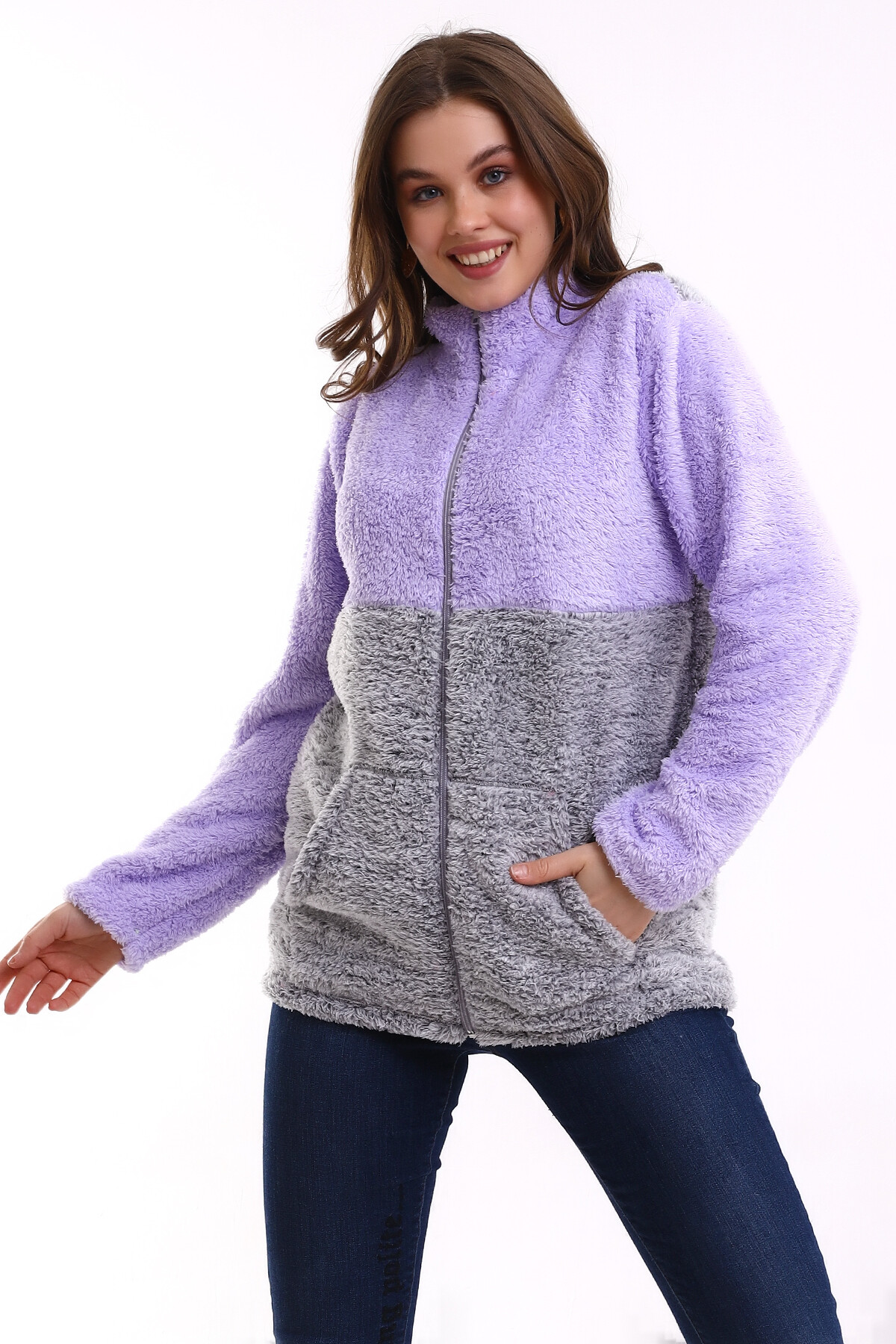 Fermuarlı Bloklu Polar Sweatshirt