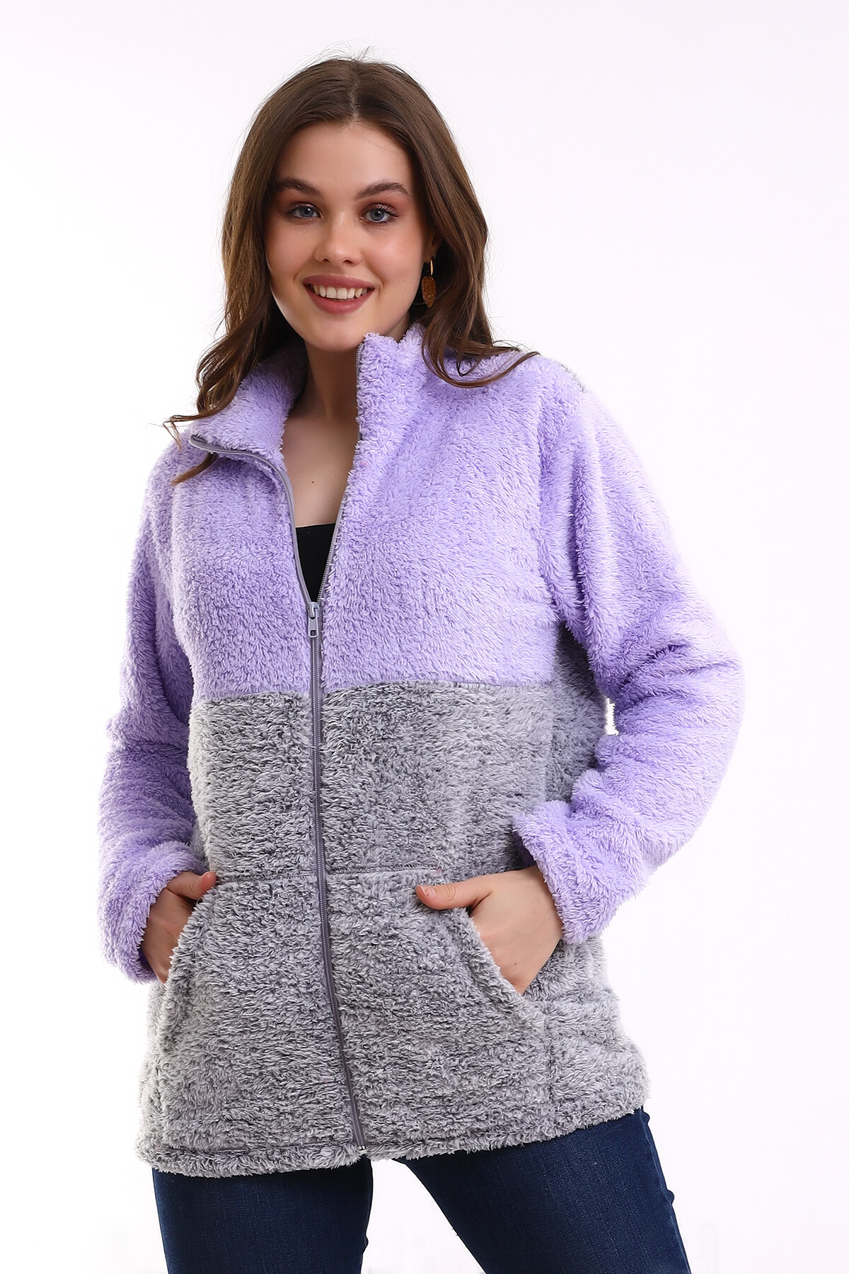 Fermuarlı Bloklu Polar Sweatshirt