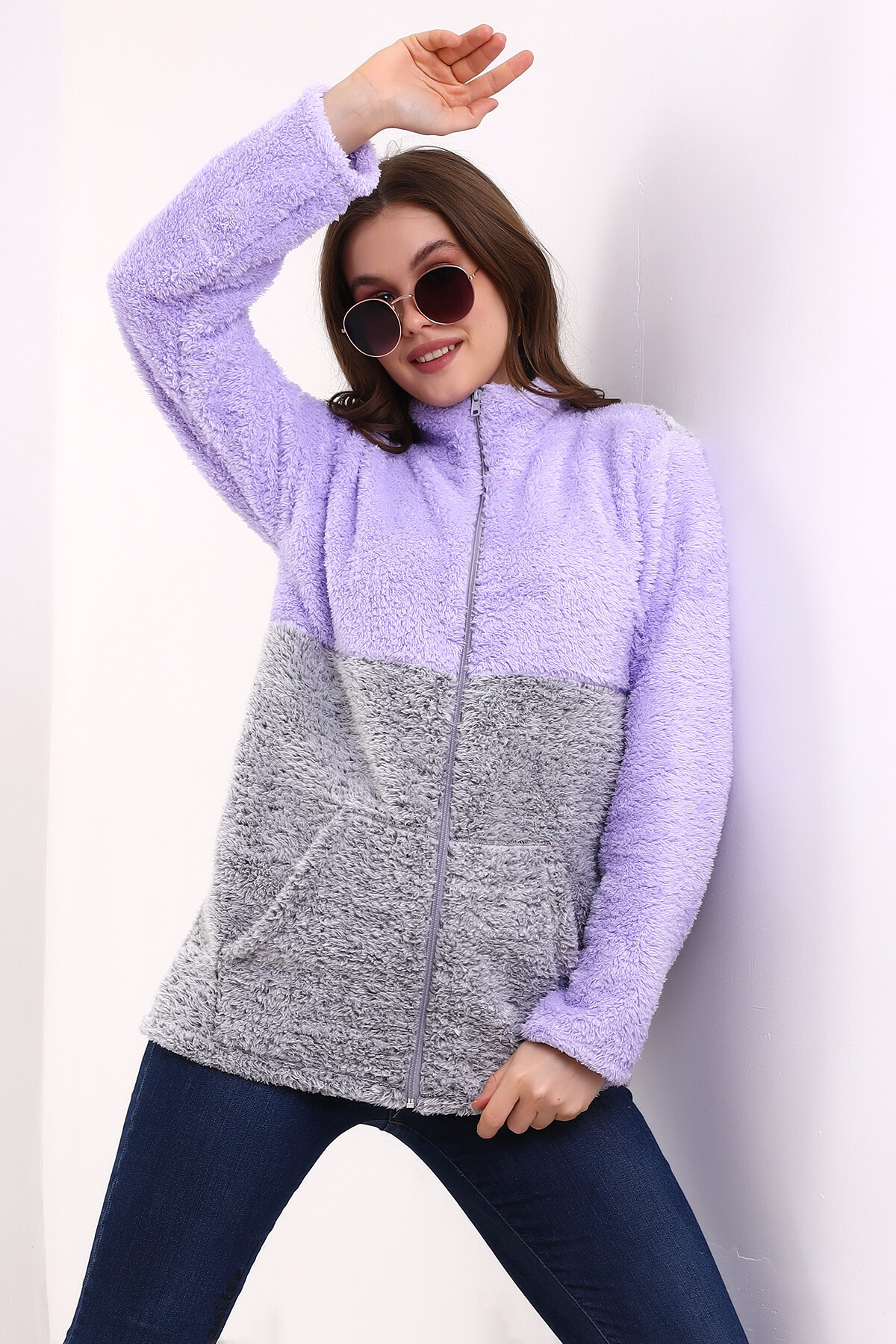 Fermuarlı Bloklu Polar Sweatshirt