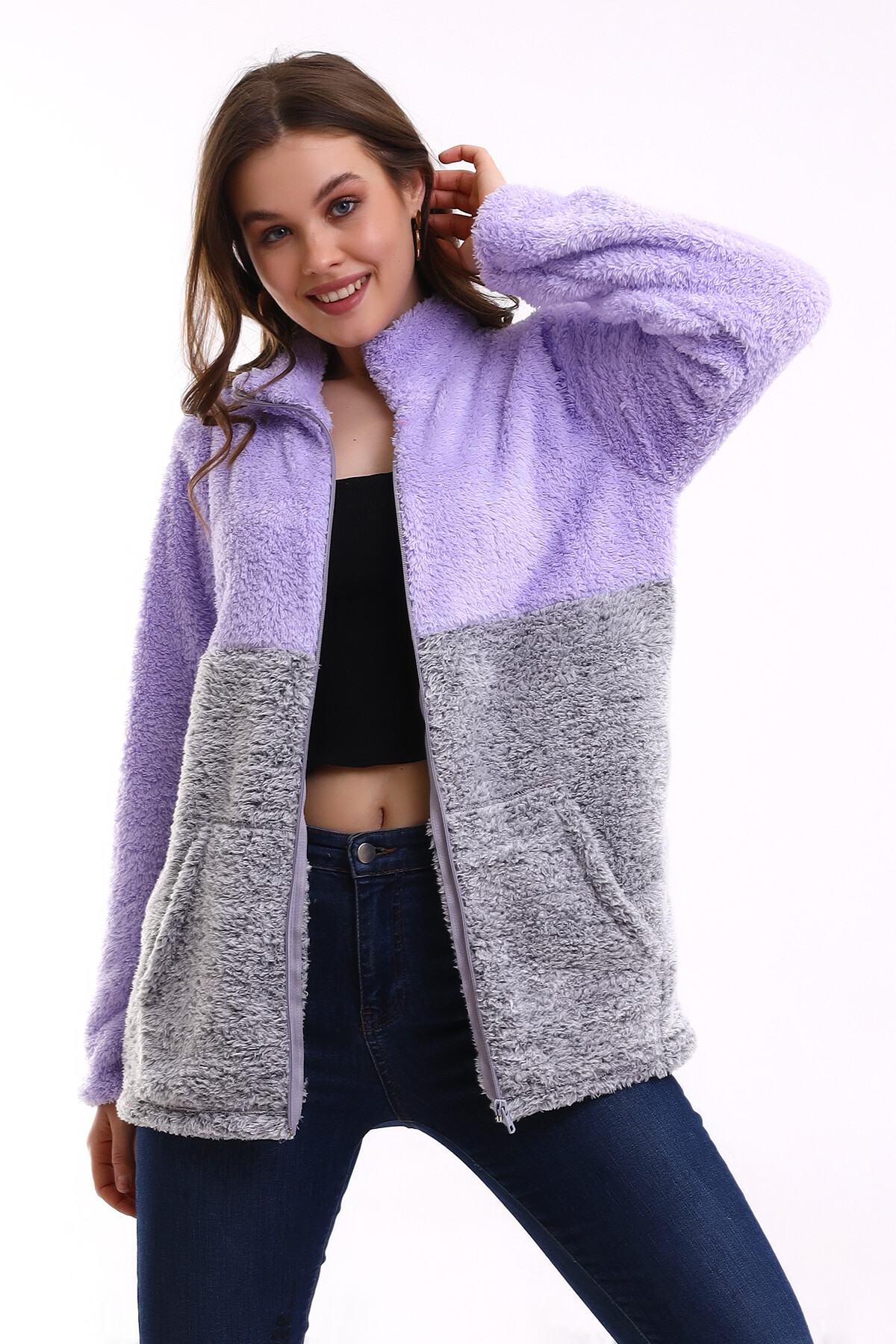 Fermuarlı Bloklu Polar Sweatshirt