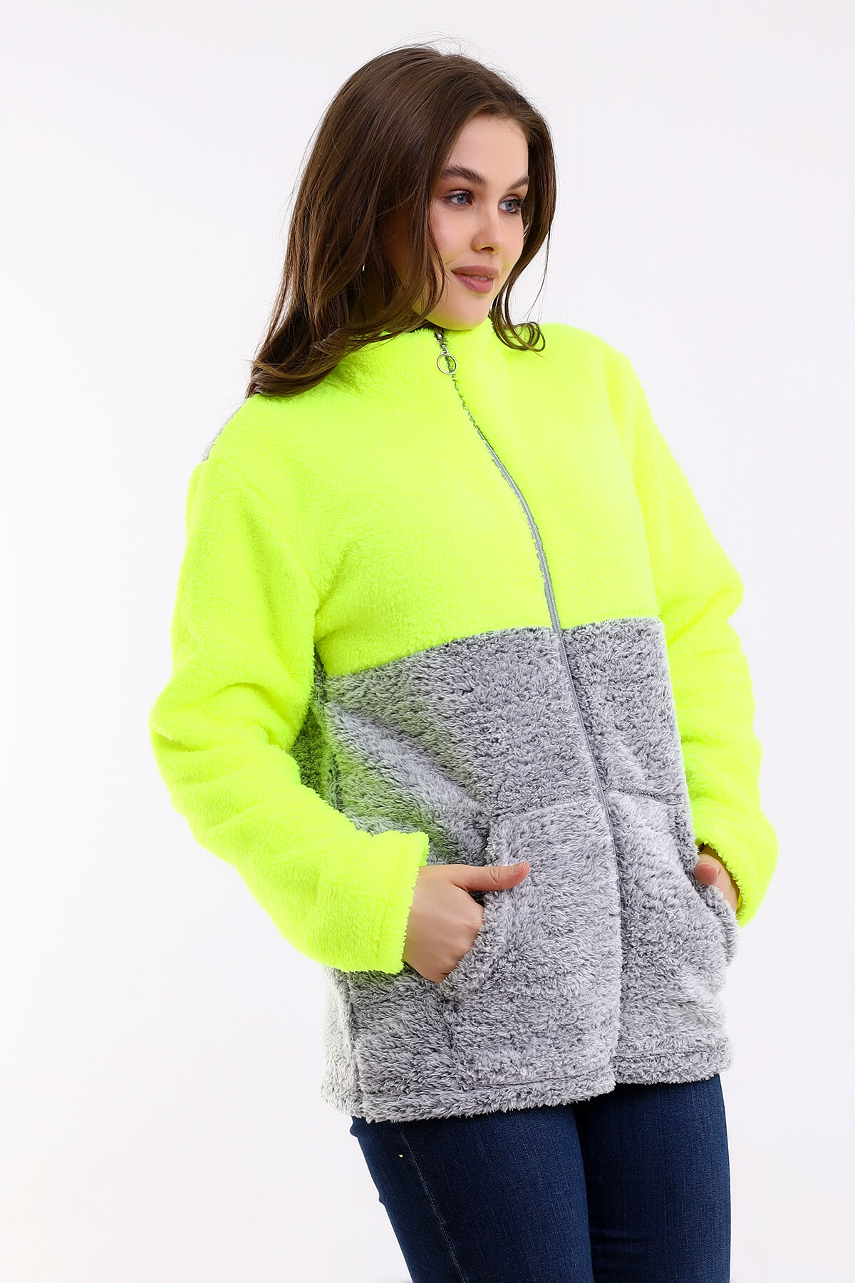 Fermuarlı Bloklu Polar Sweatshirt