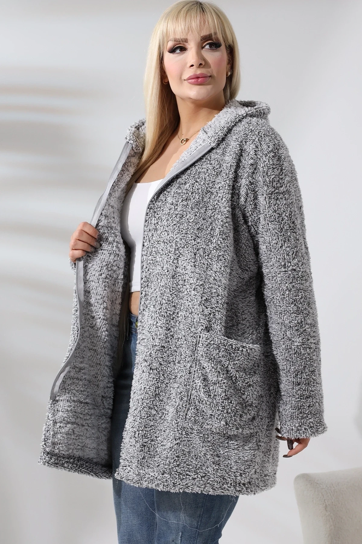 Fermuarlı Polar Sweatshirt - Büyük Beden