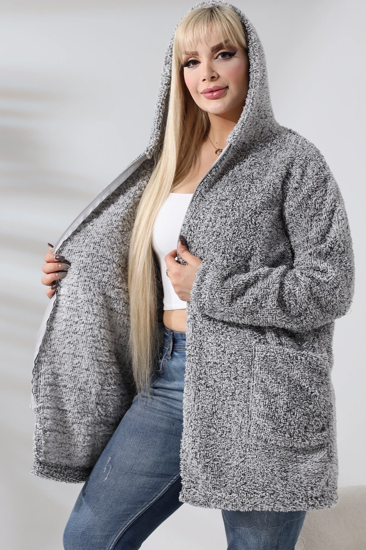 Fermuarlı Polar Sweatshirt - Büyük Beden