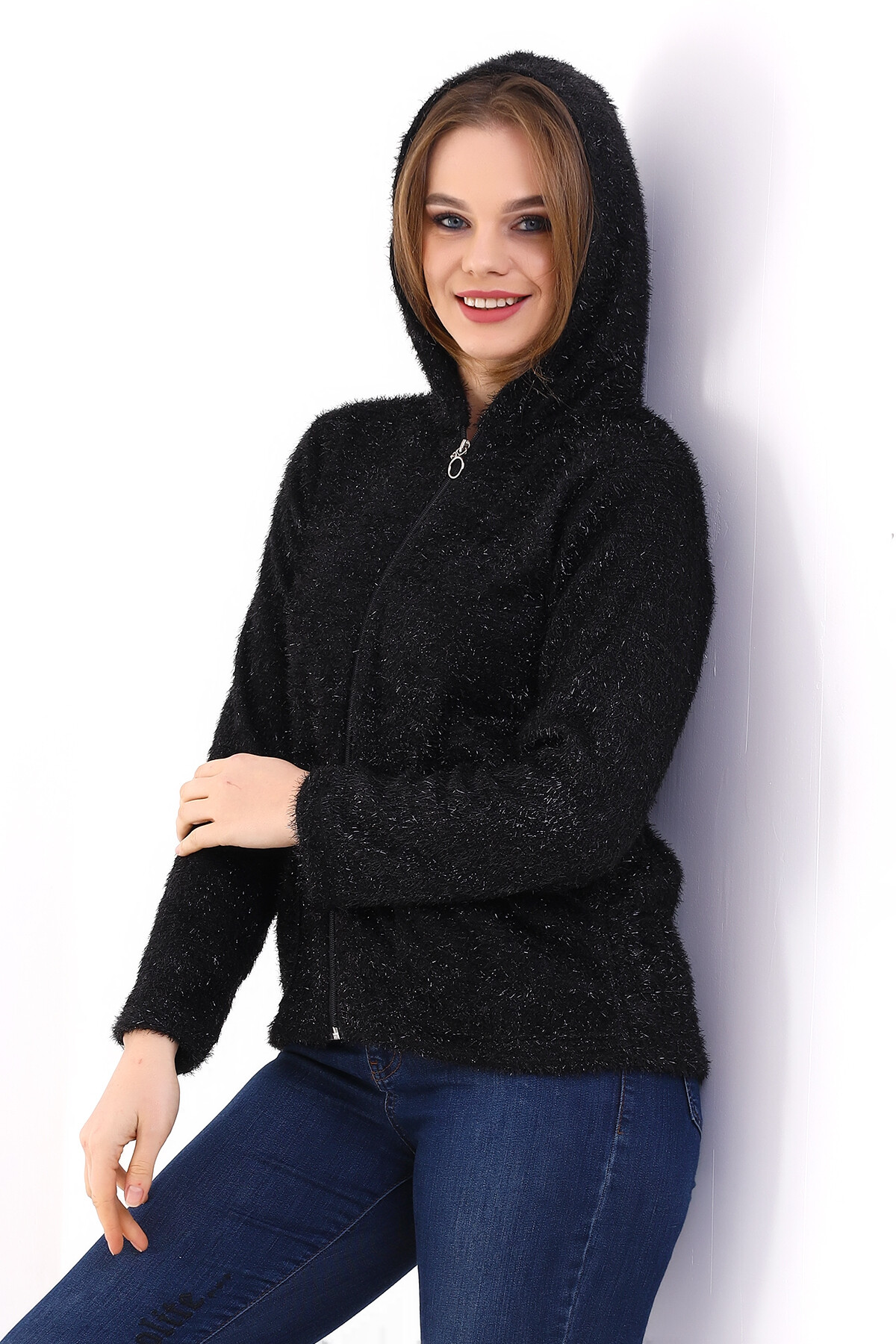 Fermuarlı Simli Kapşonlu Sweatshirt
