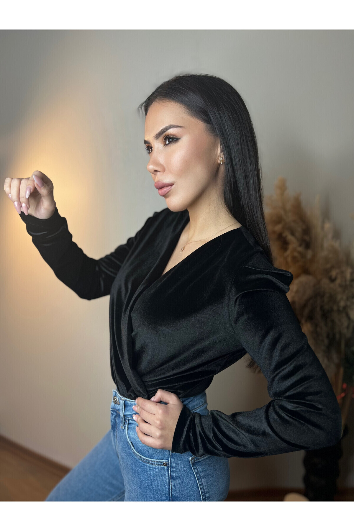Kadife Kruvaze Alttan Çıtçıtlı Bodysuit