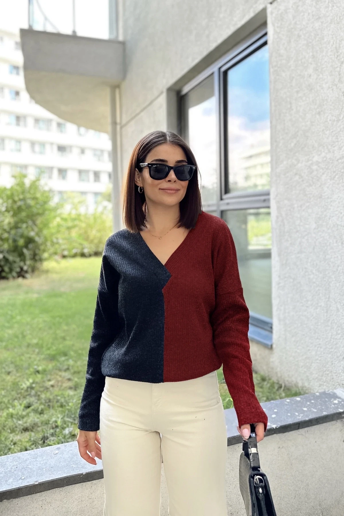 Kadın Antrasit & Bordo  Günlük Stil V Yaka Kazak