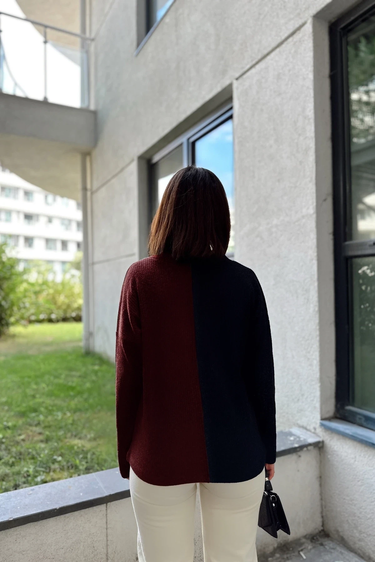 Kadın Antrasit & Bordo  Günlük Stil V Yaka Kazak