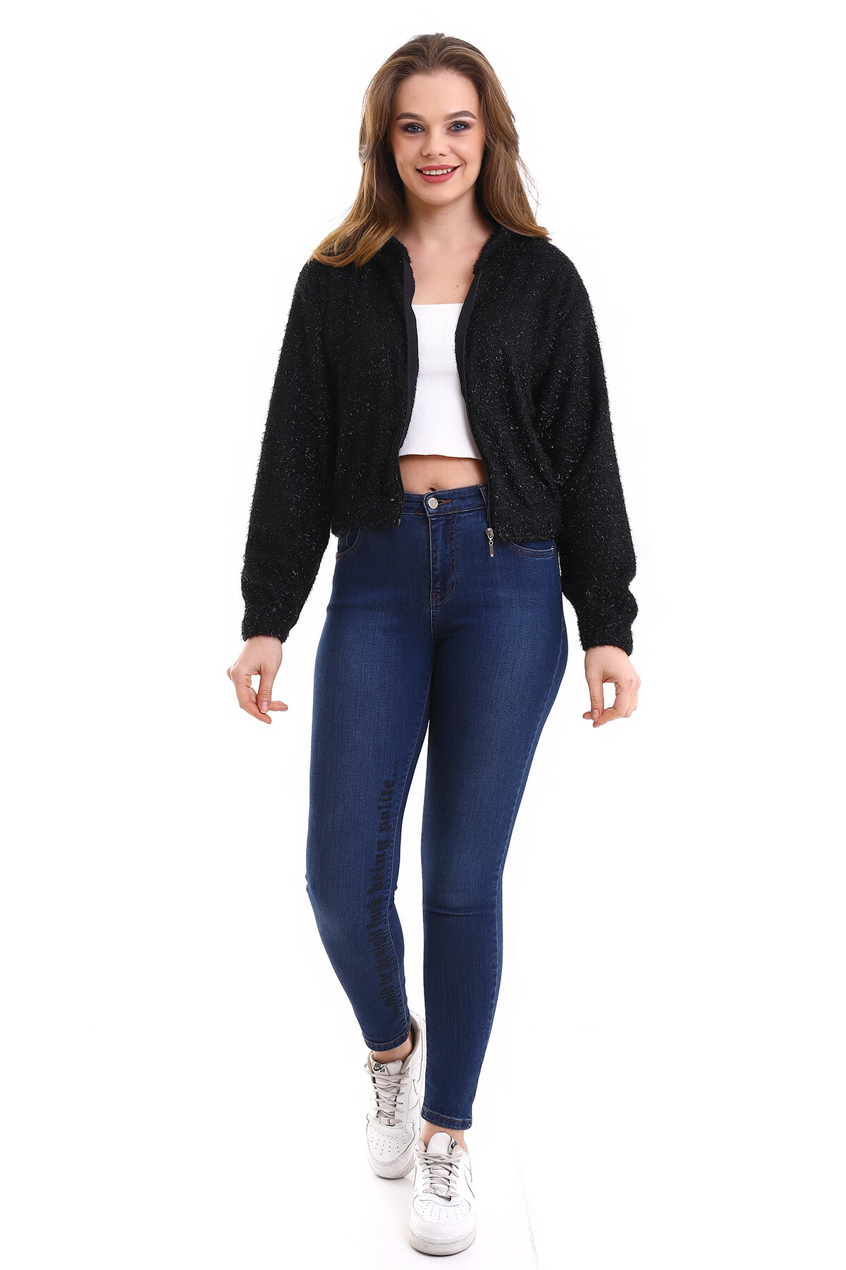 Kapşonlu Fermuarlı Crop Sweatshirt