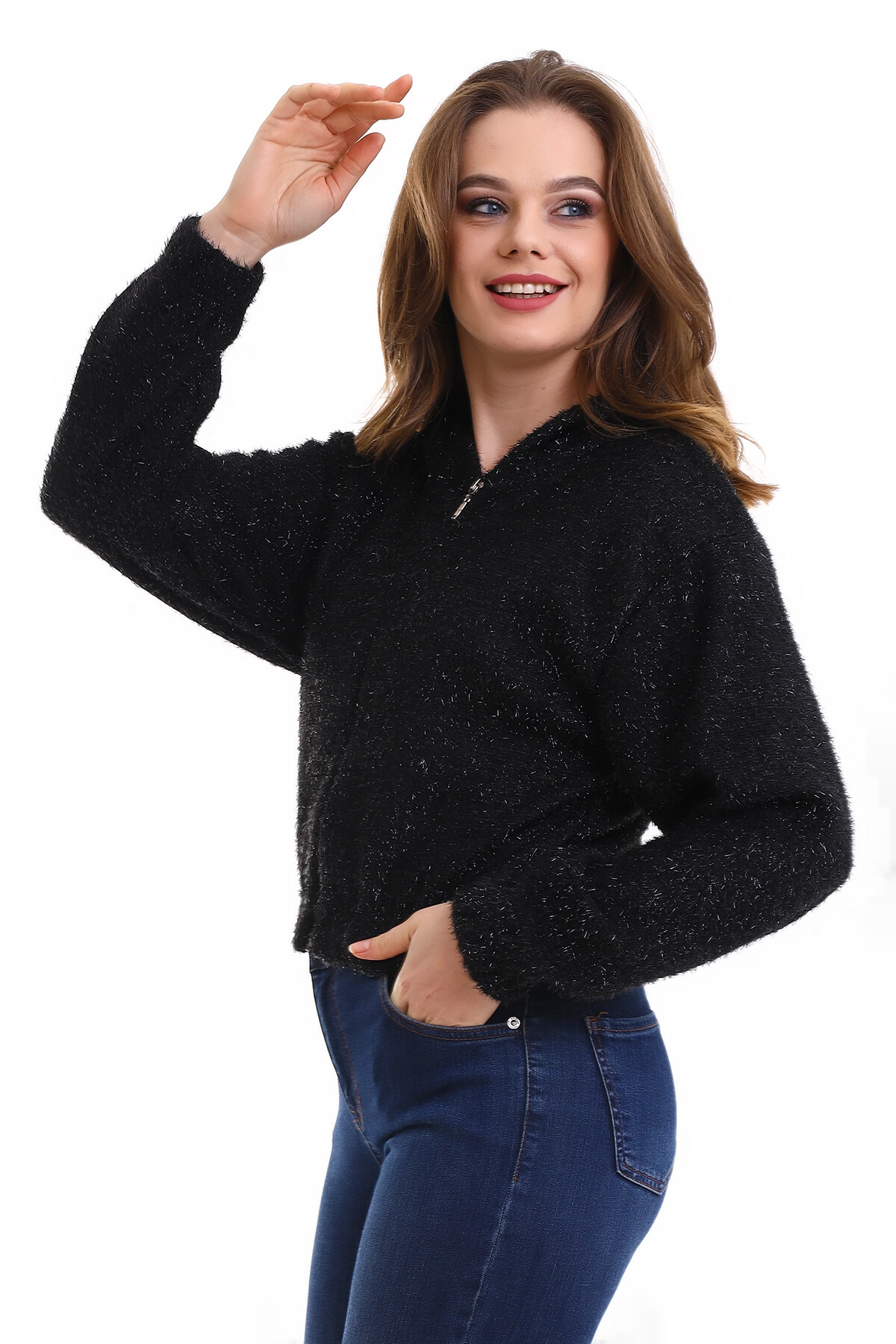 Kapşonlu Fermuarlı Crop Sweatshirt