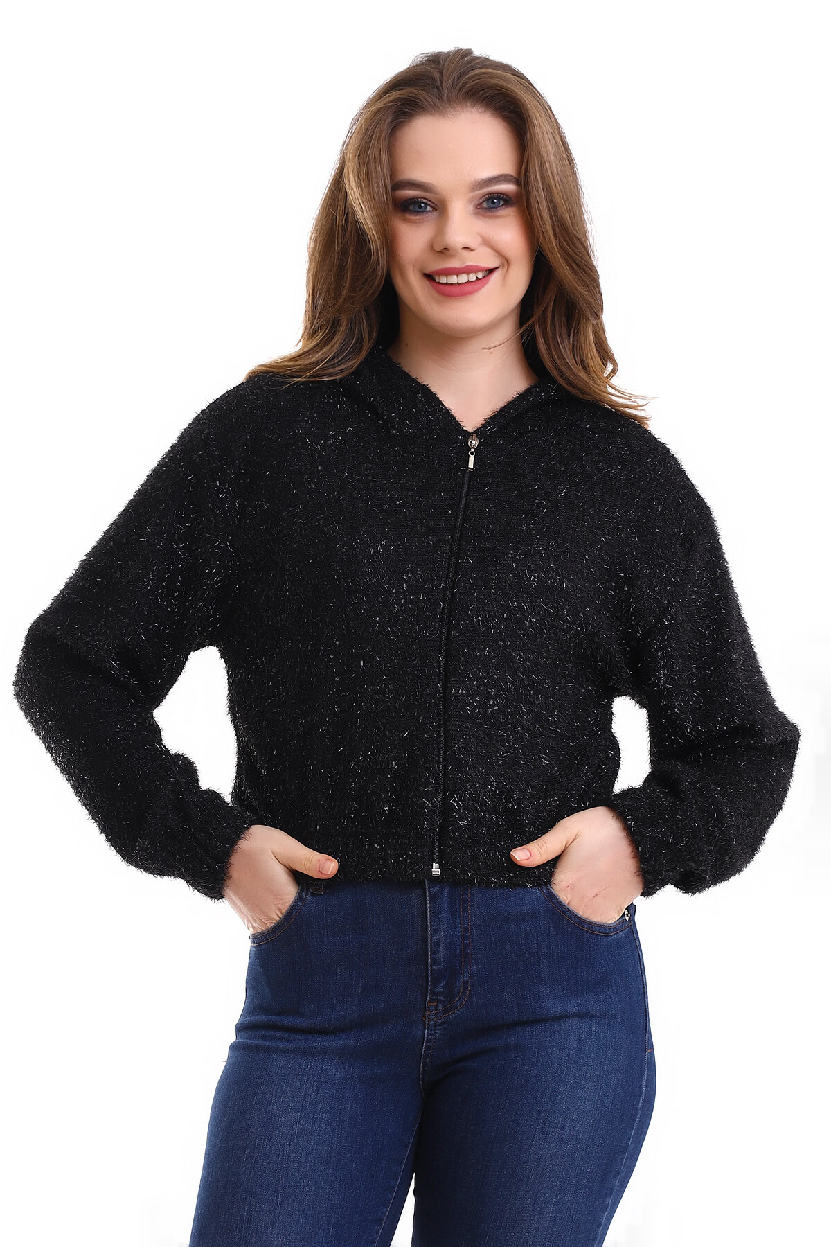 Kapşonlu Fermuarlı Crop Sweatshirt