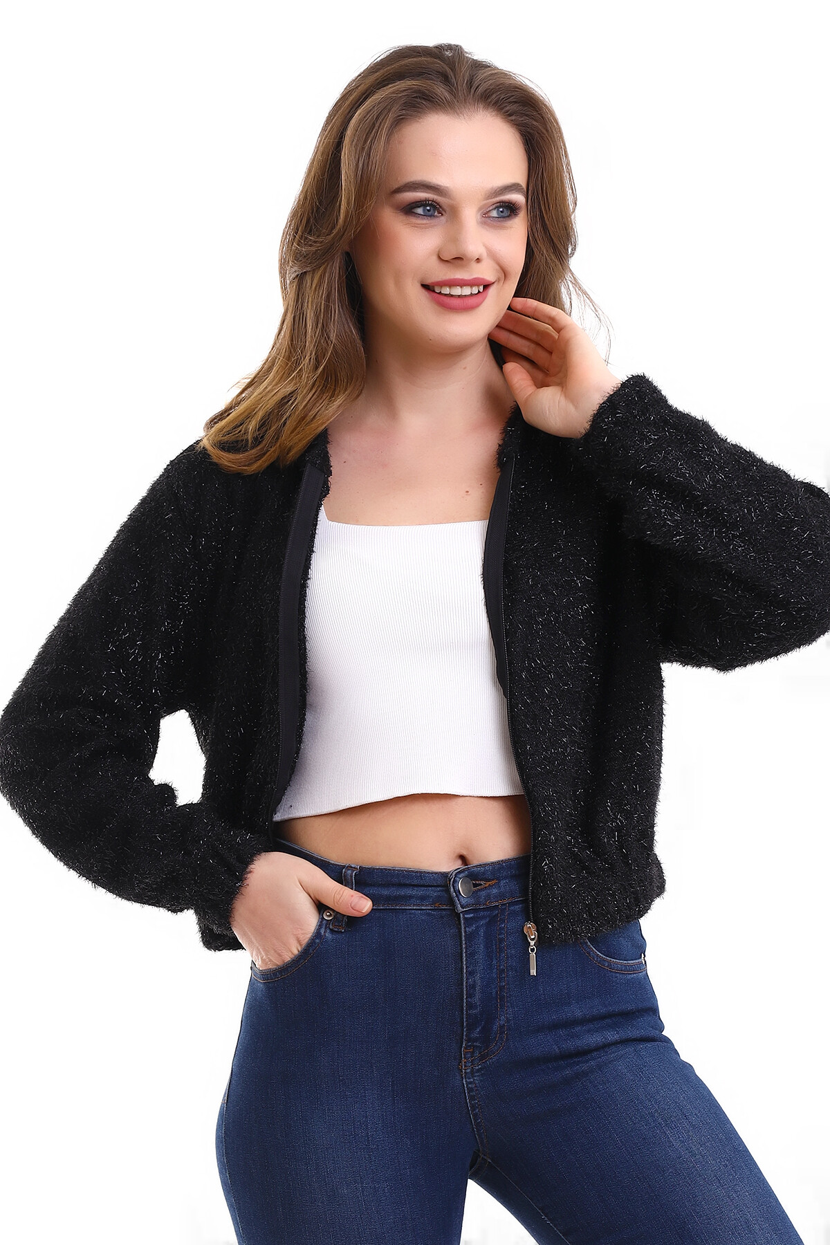 Kapşonlu Fermuarlı Crop Sweatshirt