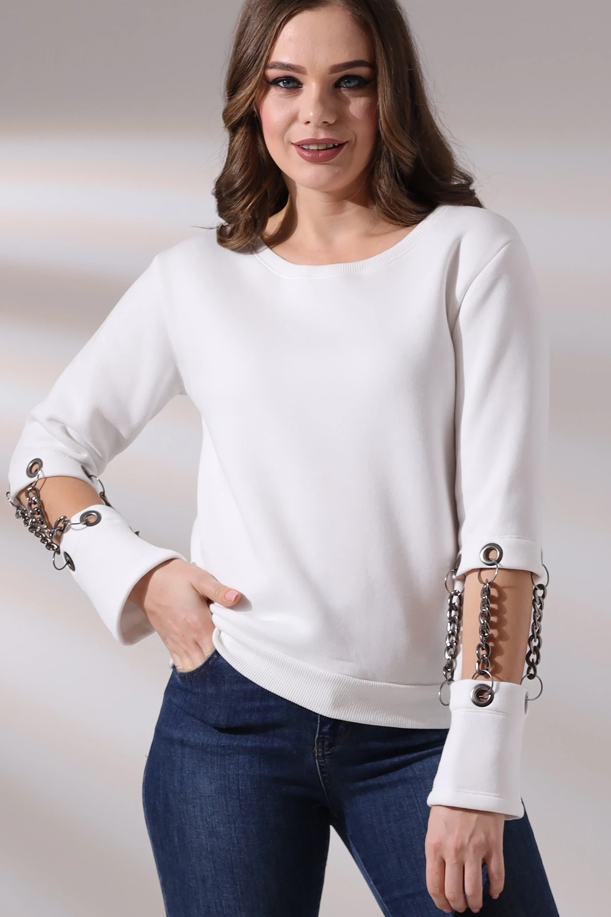 Kol Zincir Detay 3 İplik Sweatshirt
