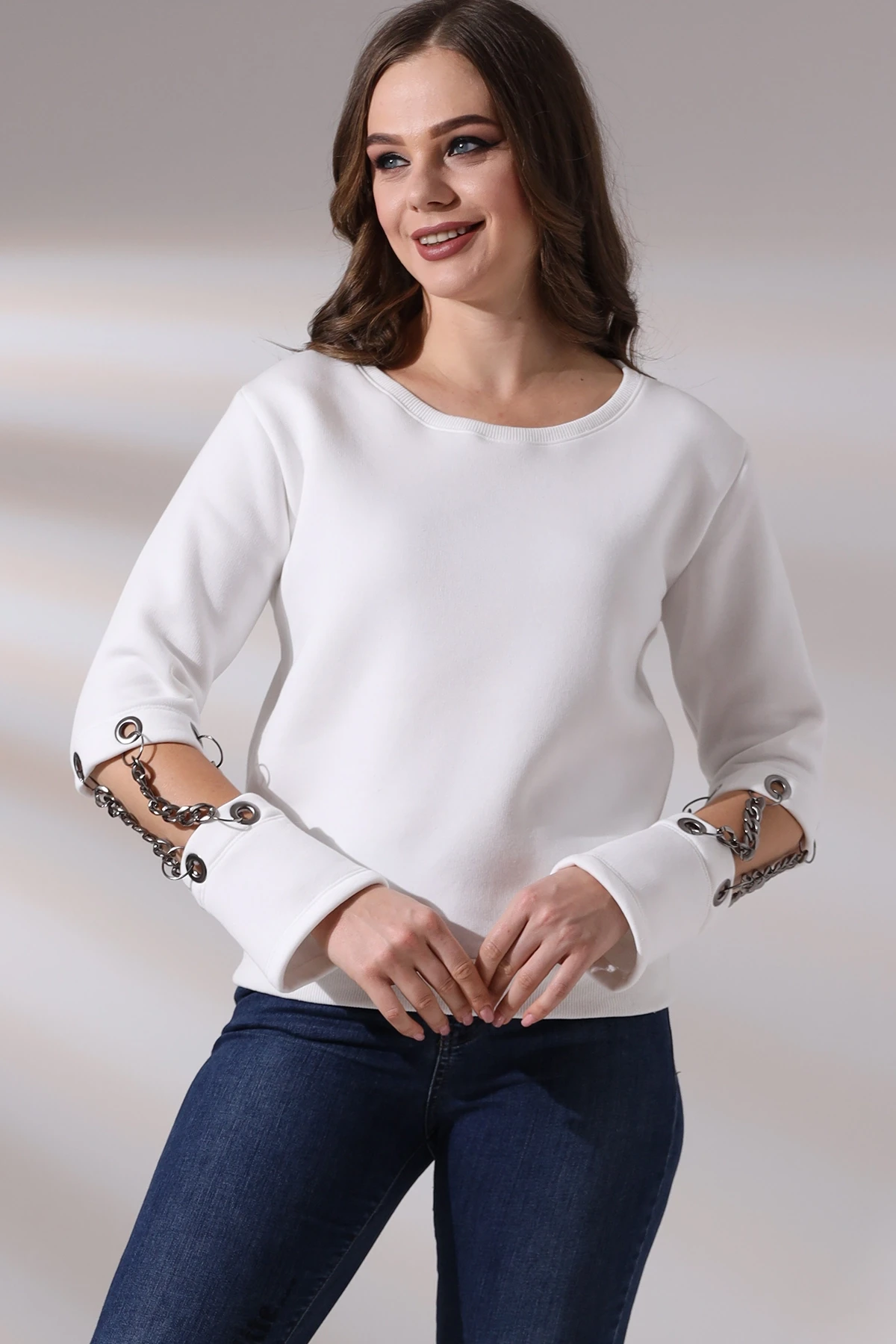 Kol Zincir Detay 3 İplik Sweatshirt