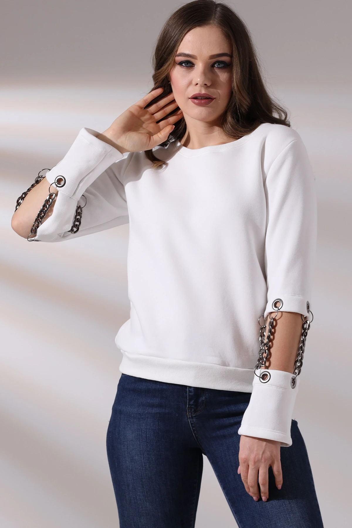 Kol Zincir Detay 3 İplik Sweatshirt