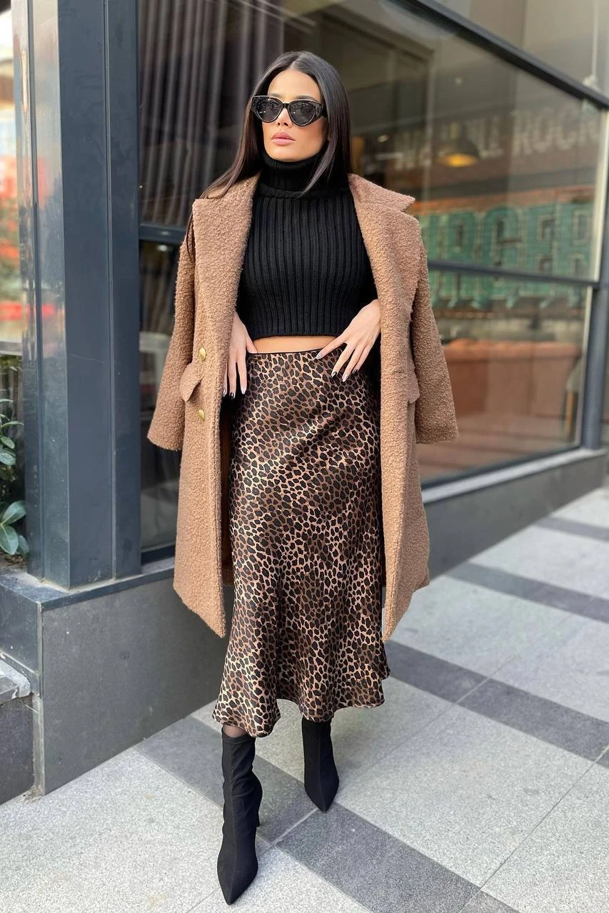 Leopar Desen Saten Etek