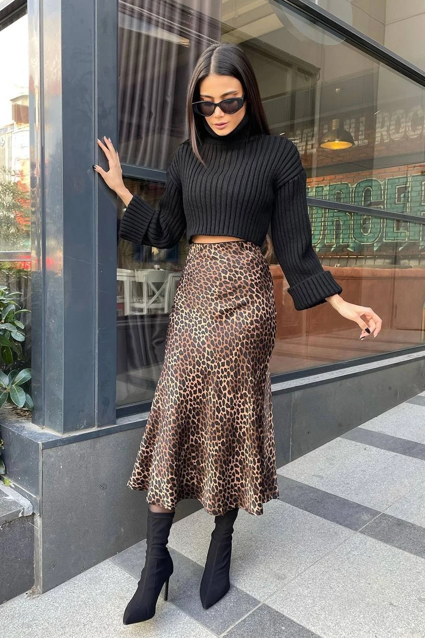 Leopar Desen Saten Etek