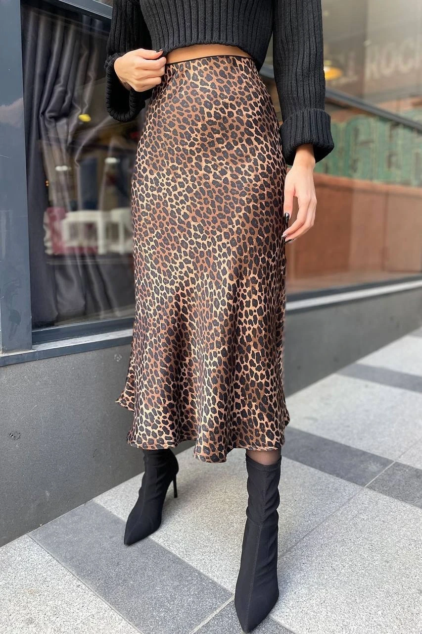 Leopar Desen Saten Etek