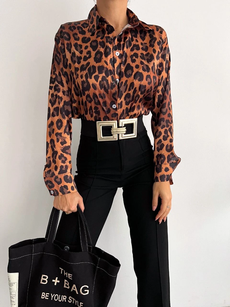 Leopar Desen Saten Gömlek