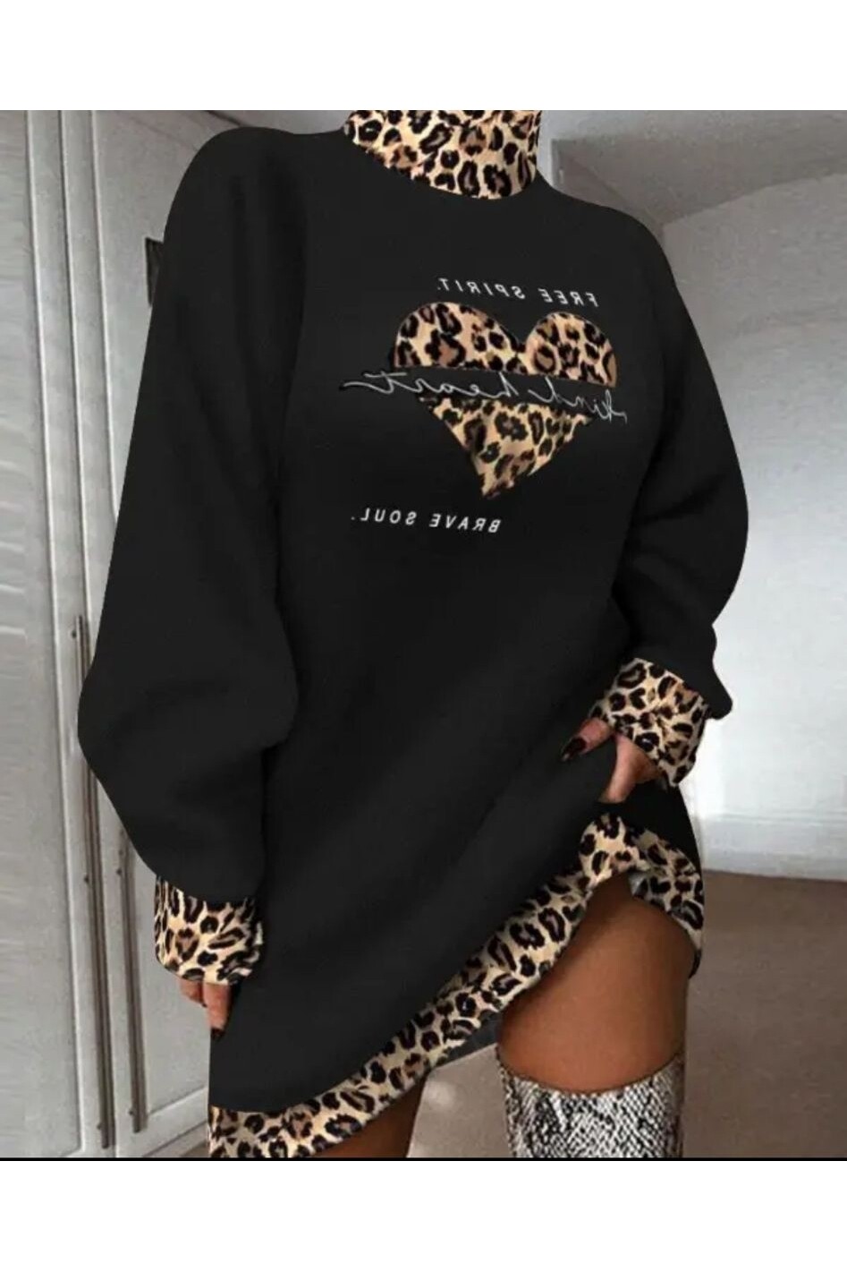 Leopar Garni Baskılı Salaş Scuba Elbise