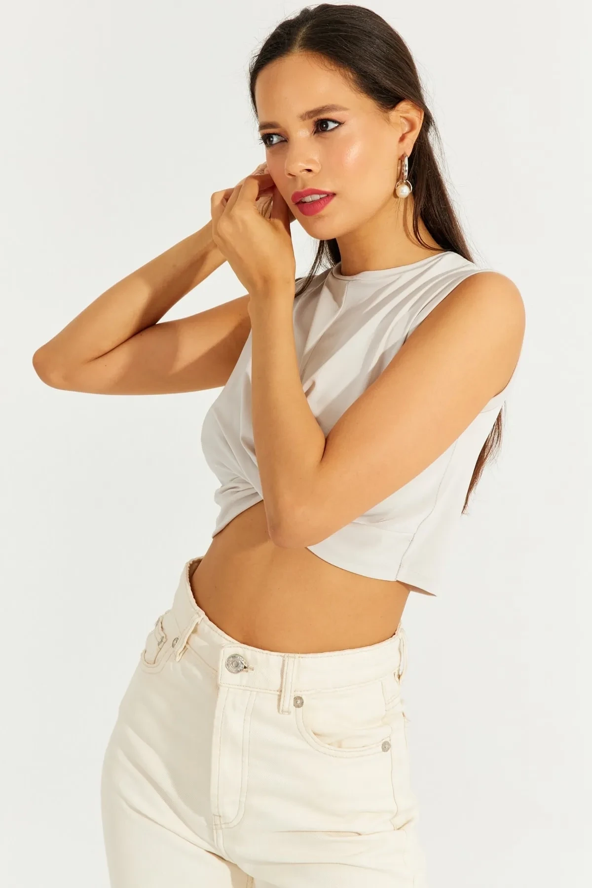 Önü Düğümlü Crop Bluz