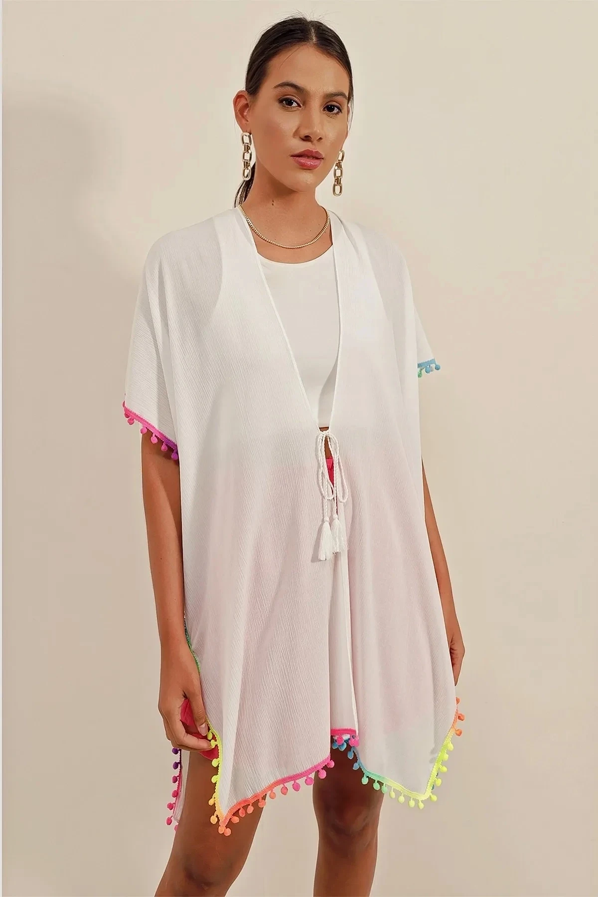 Önü İp Bağcıklı Renk Detaylı Oversize Kimono