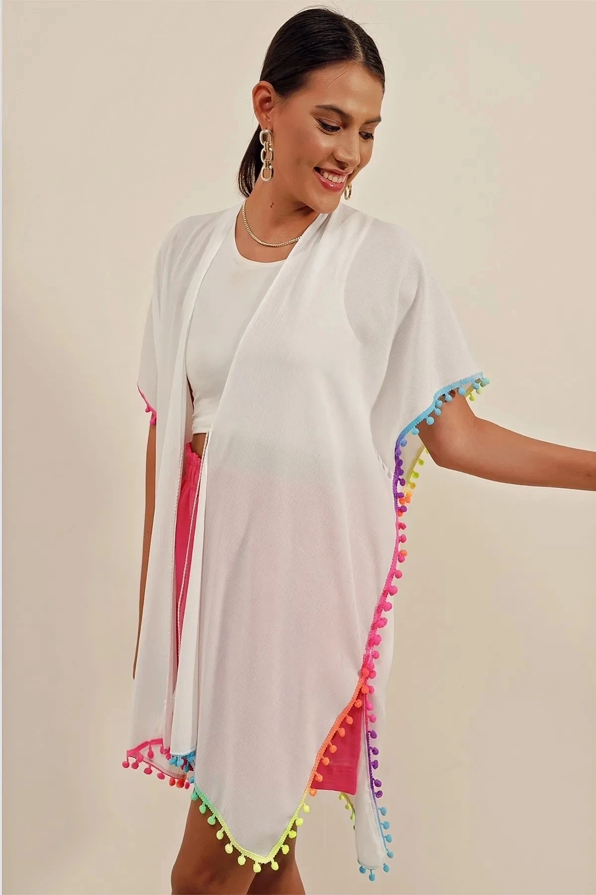Önü İp Bağcıklı Renk Detaylı Oversize Kimono