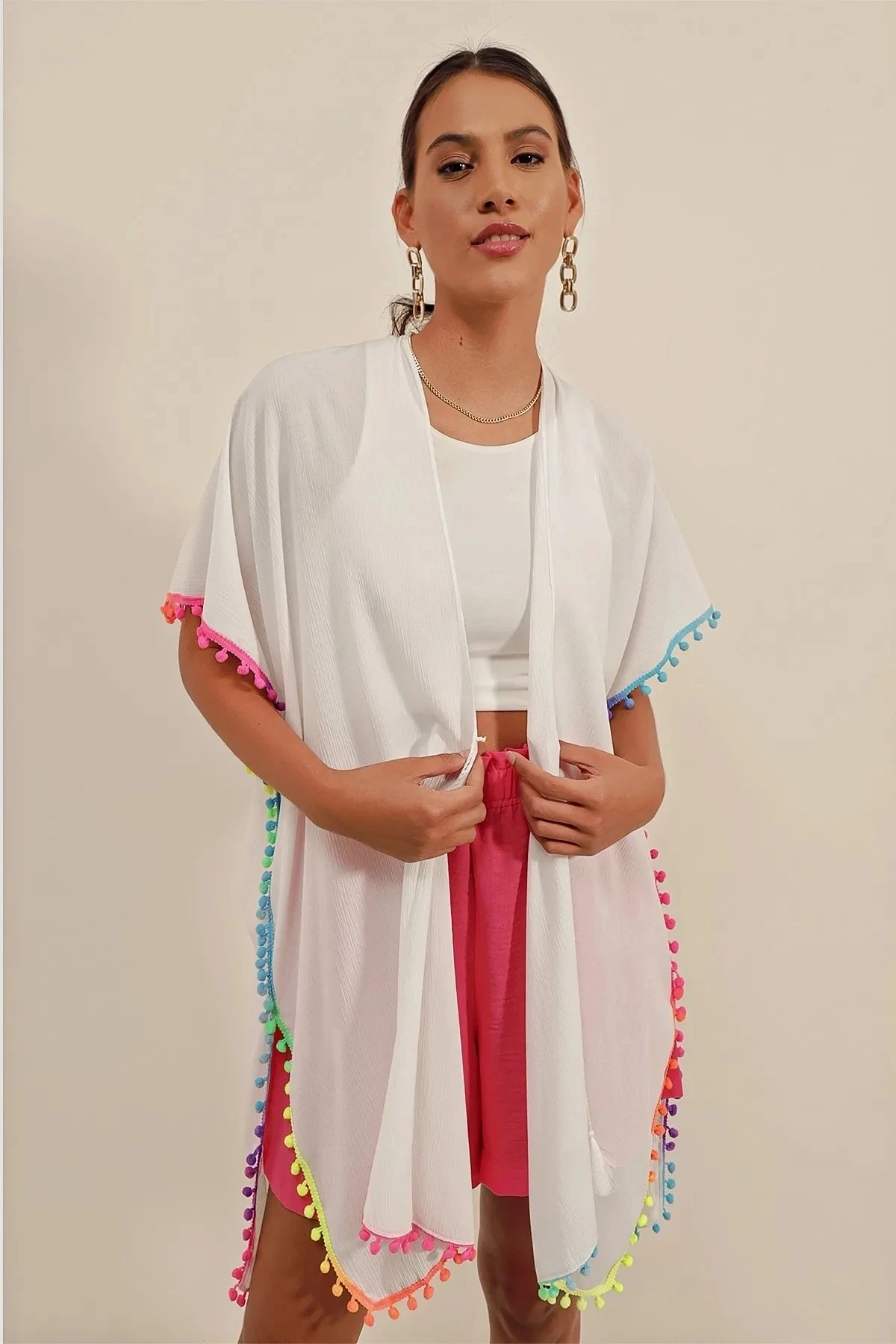 Önü İp Bağcıklı Renk Detaylı Oversize Kimono